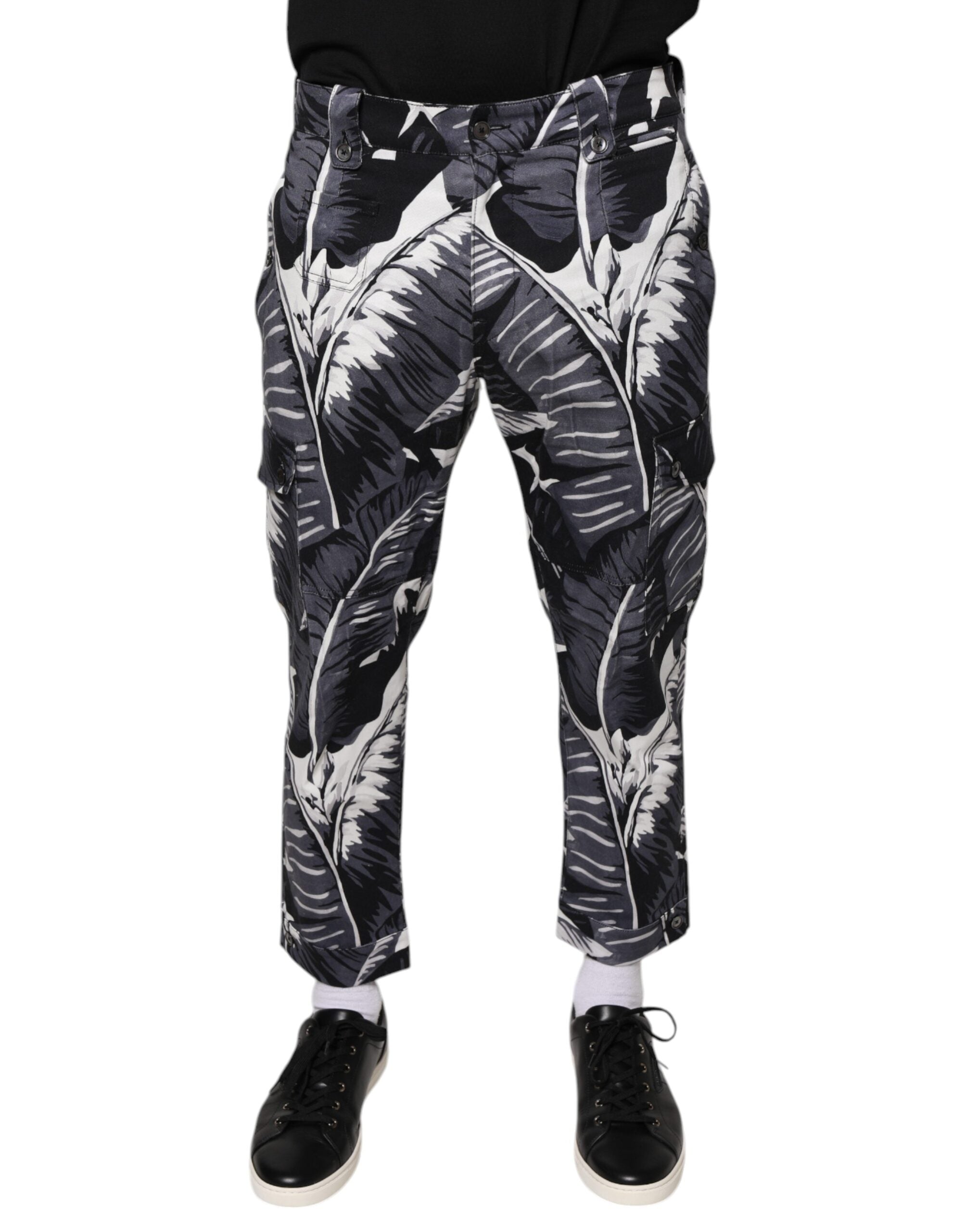 Pantalons capri en coton stretch gris avec motif banane en feuilles de palmier Dolce & Gabbana, style élégant et confortable.