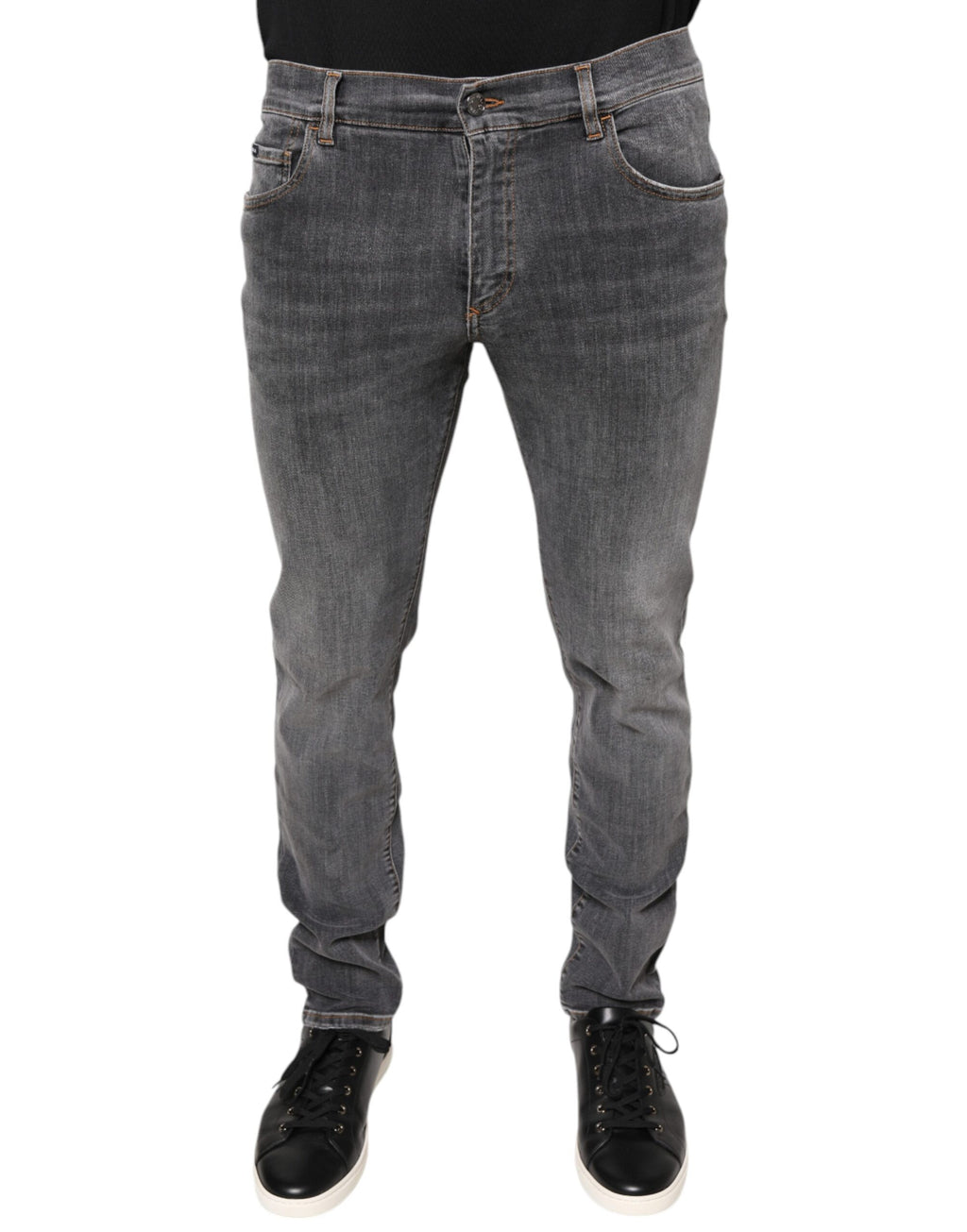 Jeans skinny en denim extensible gris foncé Dolce & Gabbana, coupe ajustée, en coton, visible sur un mannequin.