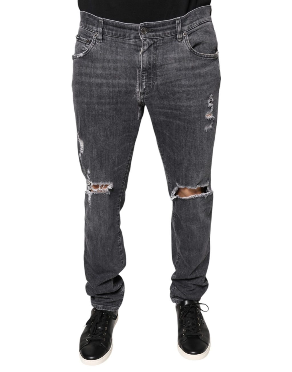 Jeans skinny en denim coton gris foncé déchiré de Dolce & Gabbana, style tattered et ajusté.