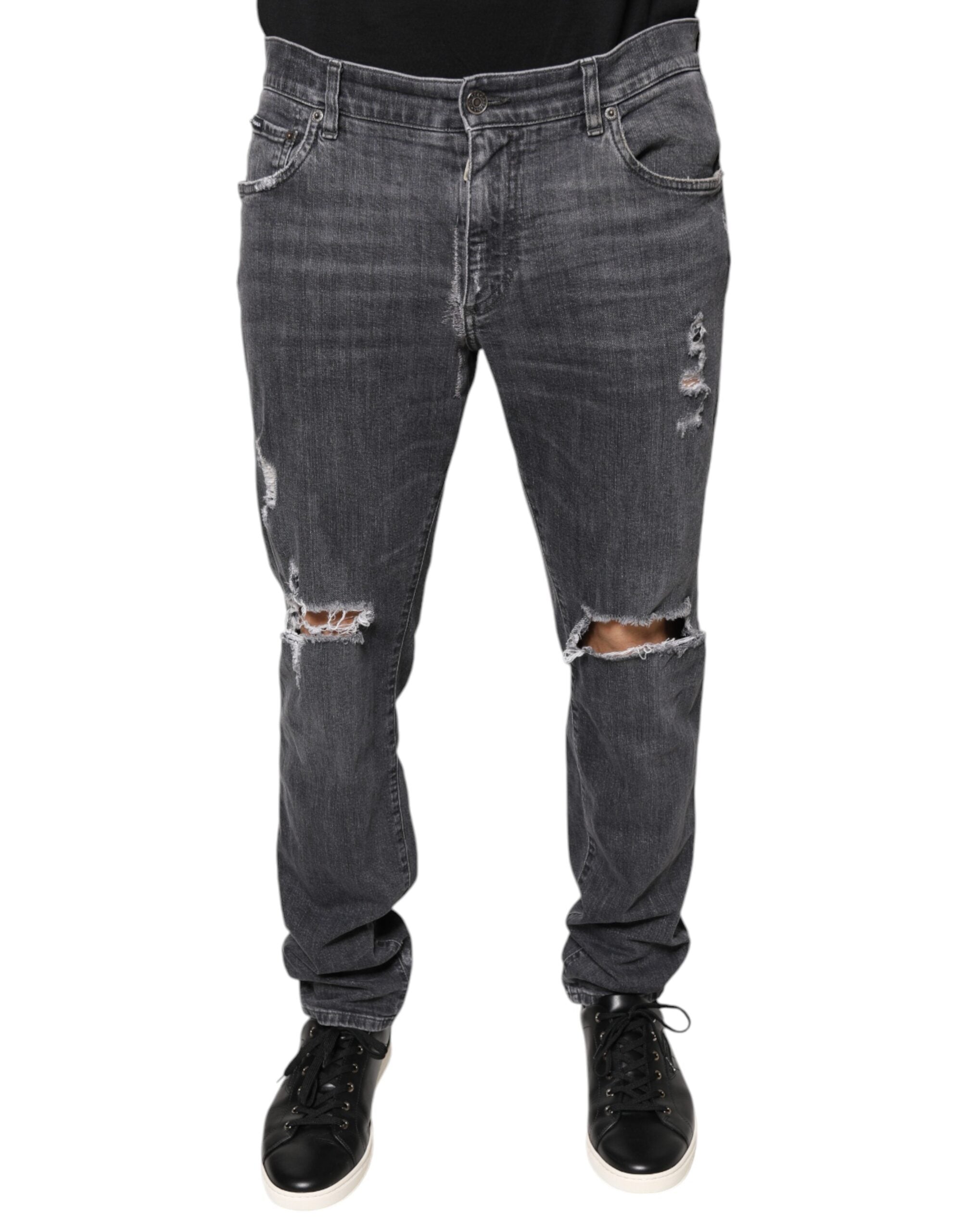 Jeans skinny en denim coton gris foncé tacheté de Dolce & Gabbana, coupe ajustée et déchirures tendance.