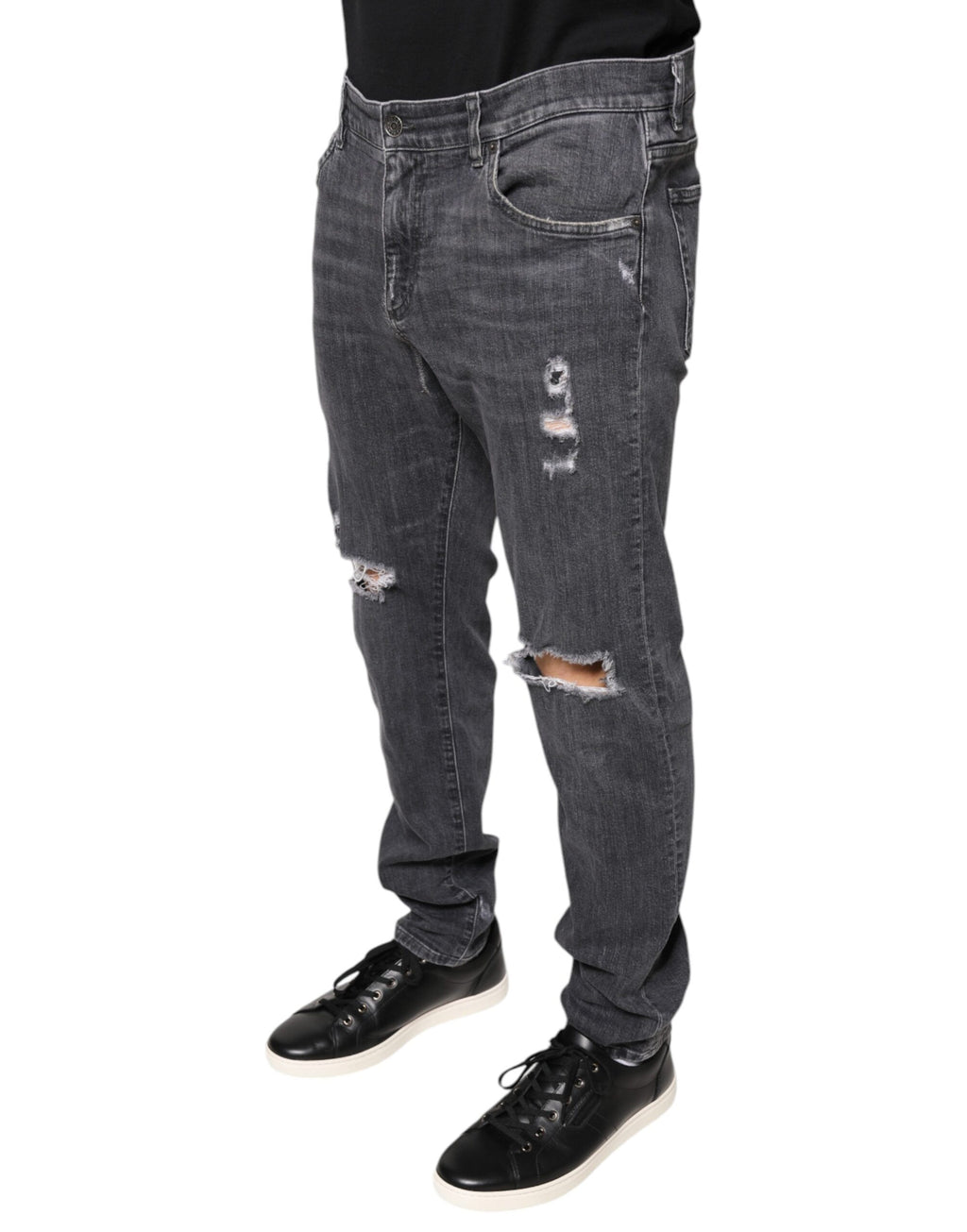 Jeans slim en denim de coton gris foncé déchiré de Dolce & Gabbana, style tattered et ajusté.