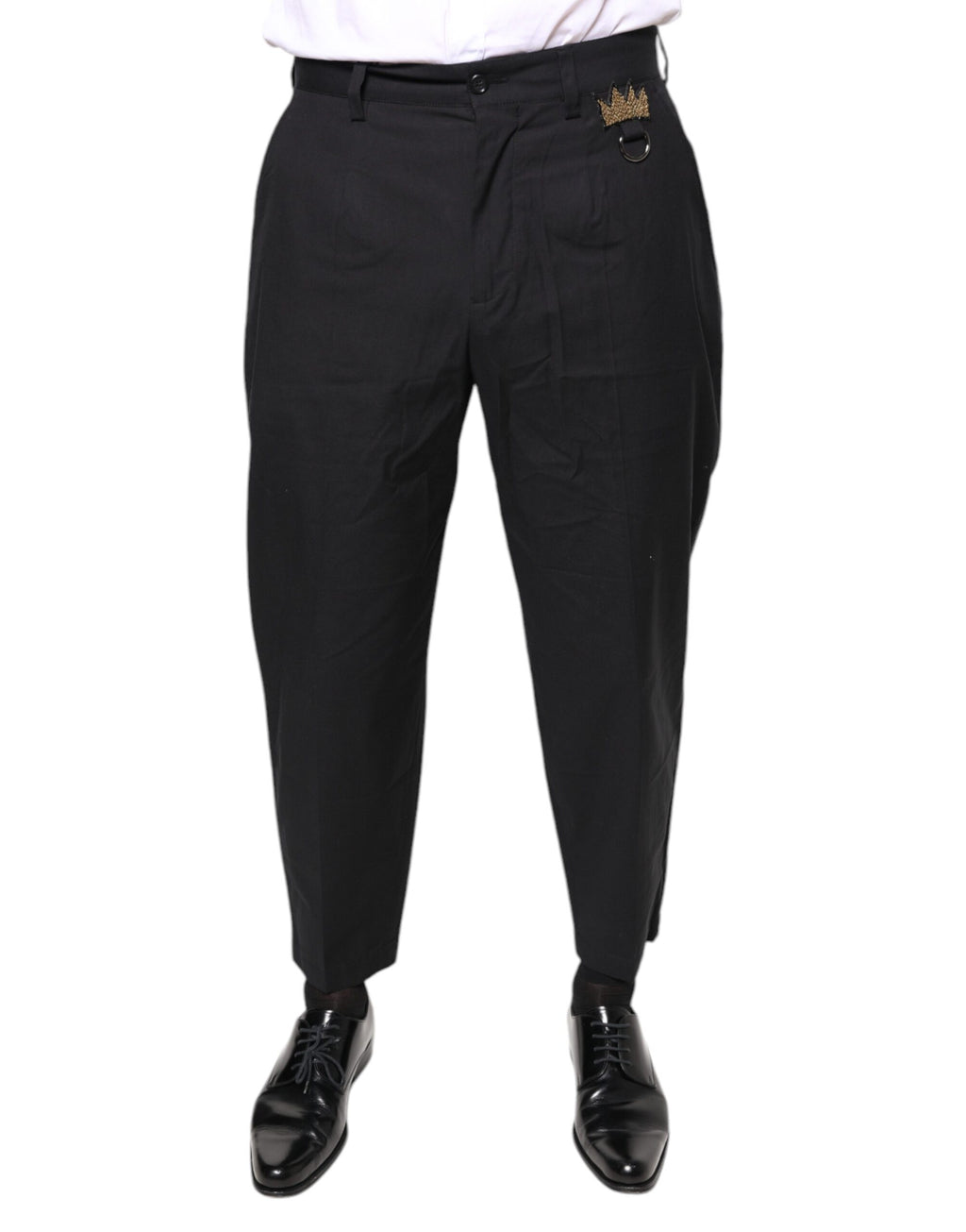 Pantalons en coton noir Dolce & Gabbana avec motif couronne, élégants et ajustés, pour un style sophistiqué.