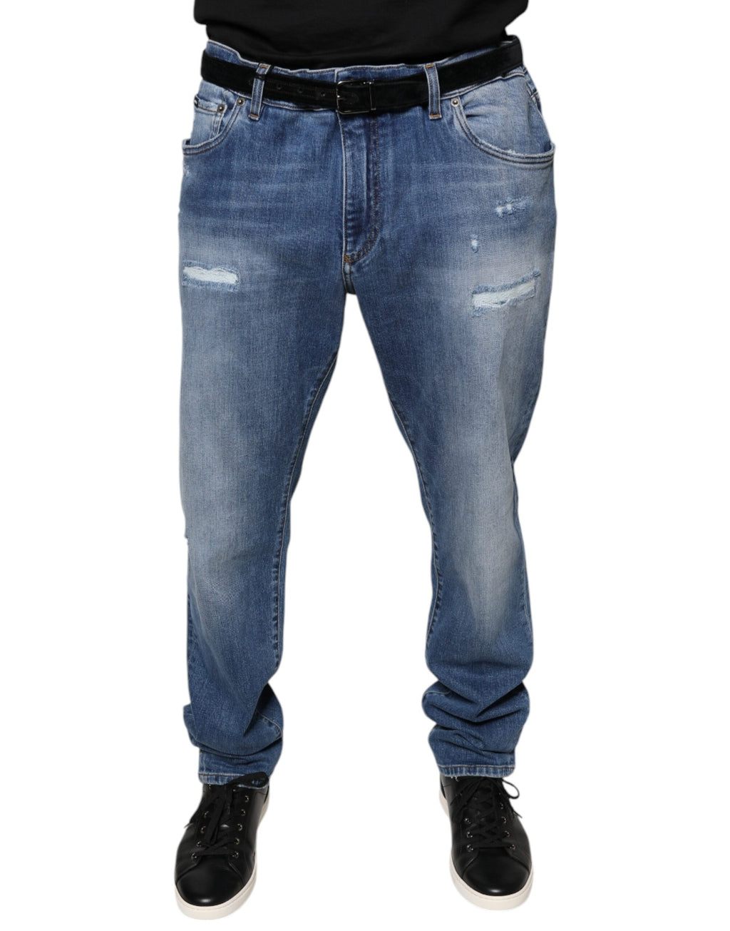 Jeans délavés en coton stretch pour homme de Dolce & Gabbana, denim bleu avec coupe ajustée.