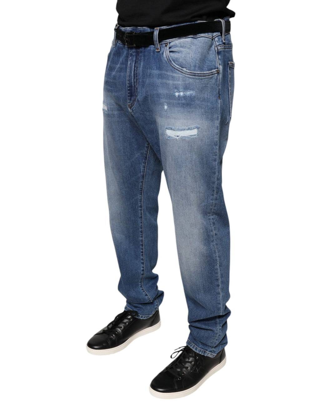 Jeans pour homme Dolce & Gabbana en denim bleu lavé, coupe stretch, en coton extensible, affichés sur un mannequin.