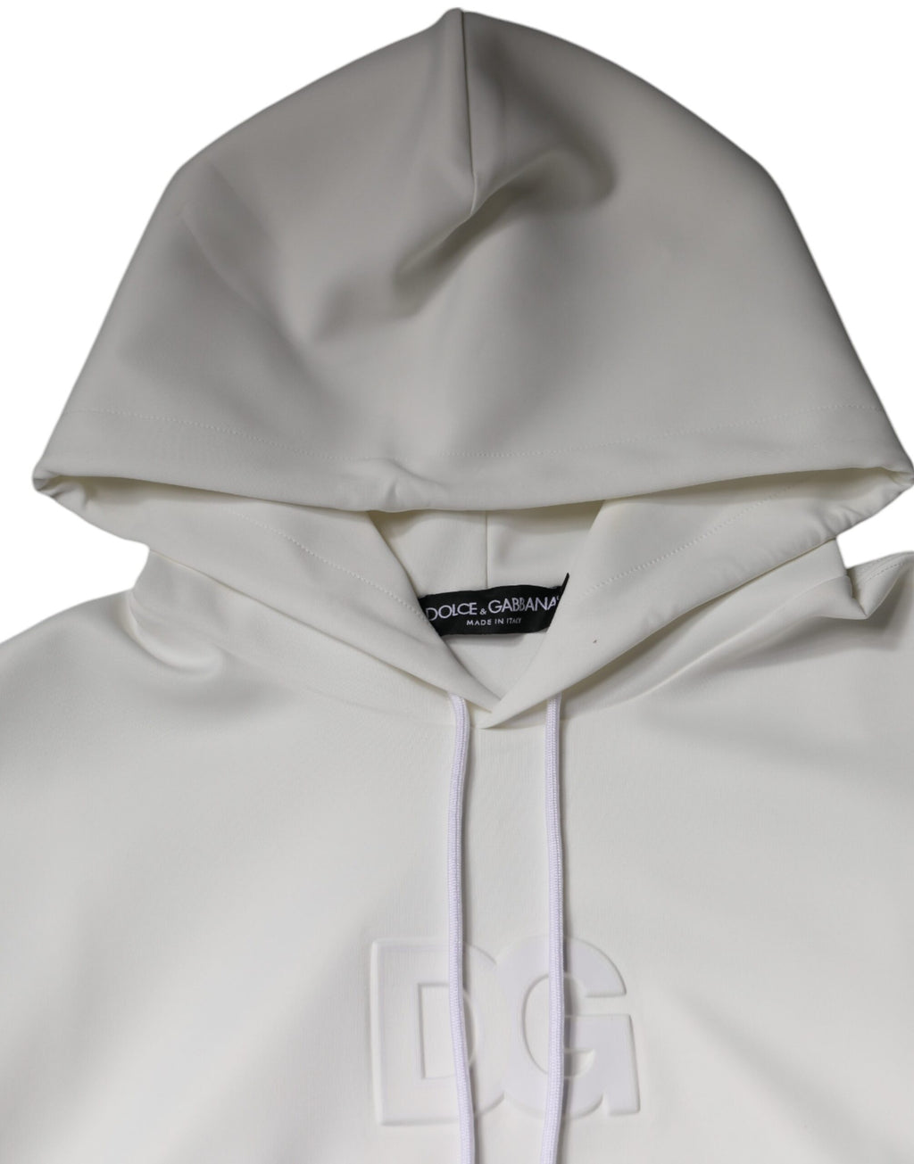 Sweat-shirt à capuche blanc Dolce & Gabbana avec logo DG, pull pour homme, en coton, détails visibles sur le devant.