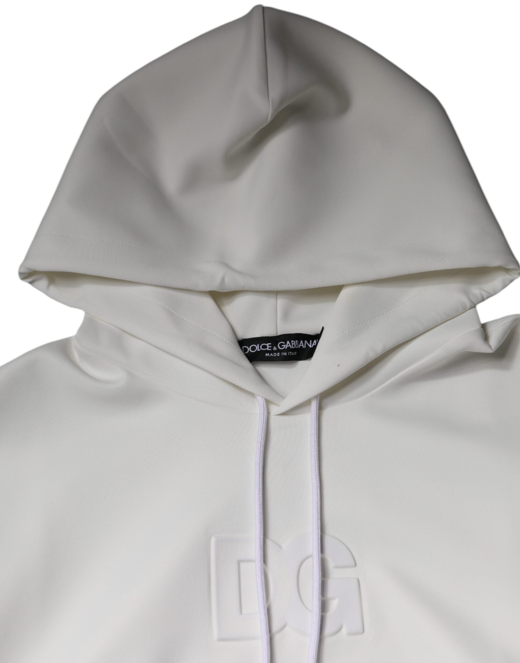 Sweat-shirt à capuche blanc Dolce & Gabbana avec logo DG, pull pour homme, en coton, détails visibles sur le devant.