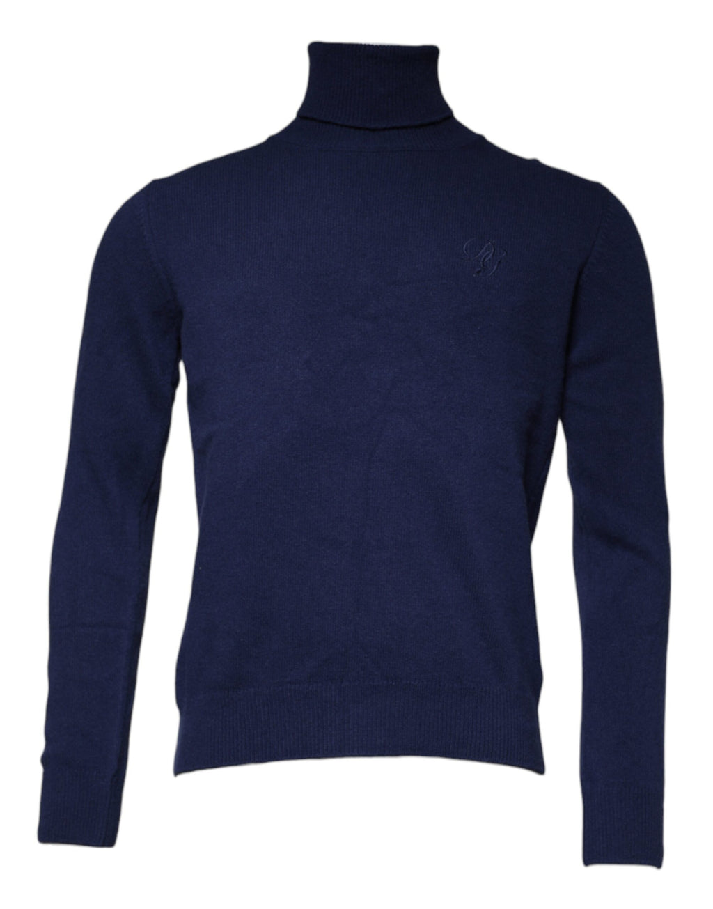 Pull à col roulé en laine bleue Dolce & Gabbana, vue de face, avec détails de texture et coupe ajustée.