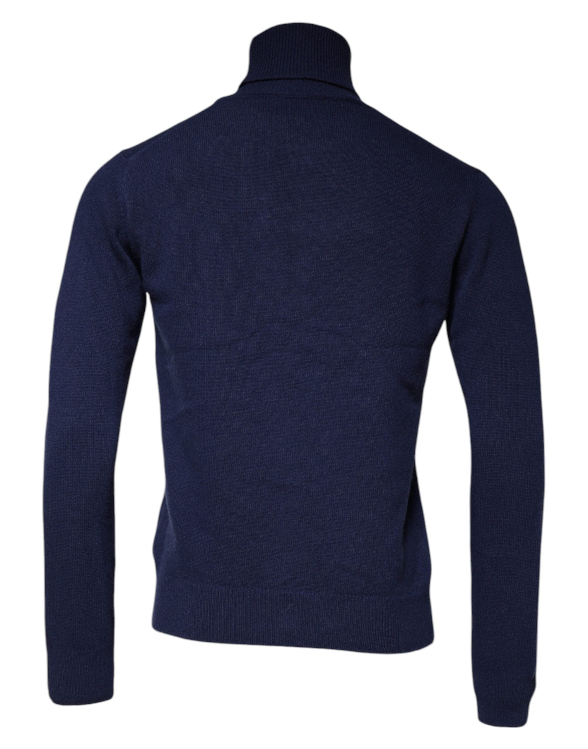 Pull en laine bleu Dolce & Gabbana à col roulé, texture tricotée, vue de face.