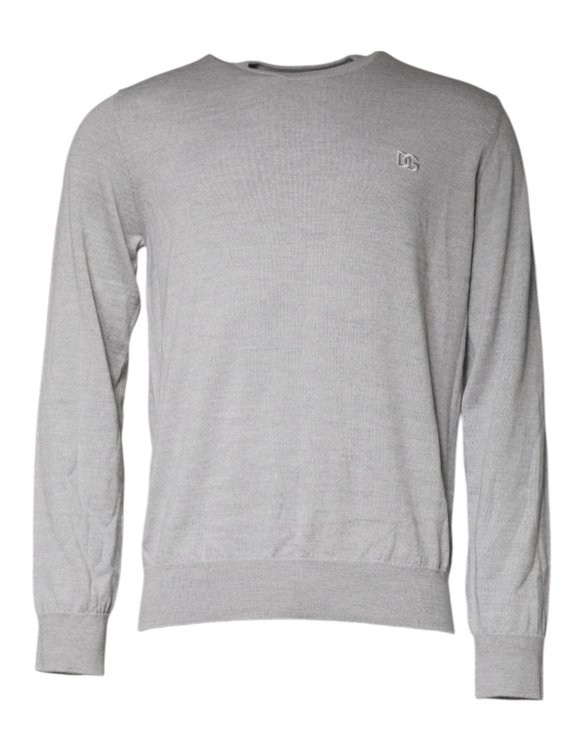 Pull en laine gris clair Dolce & Gabbana, col rond, style décontracté et élégant, visible sur l'image.