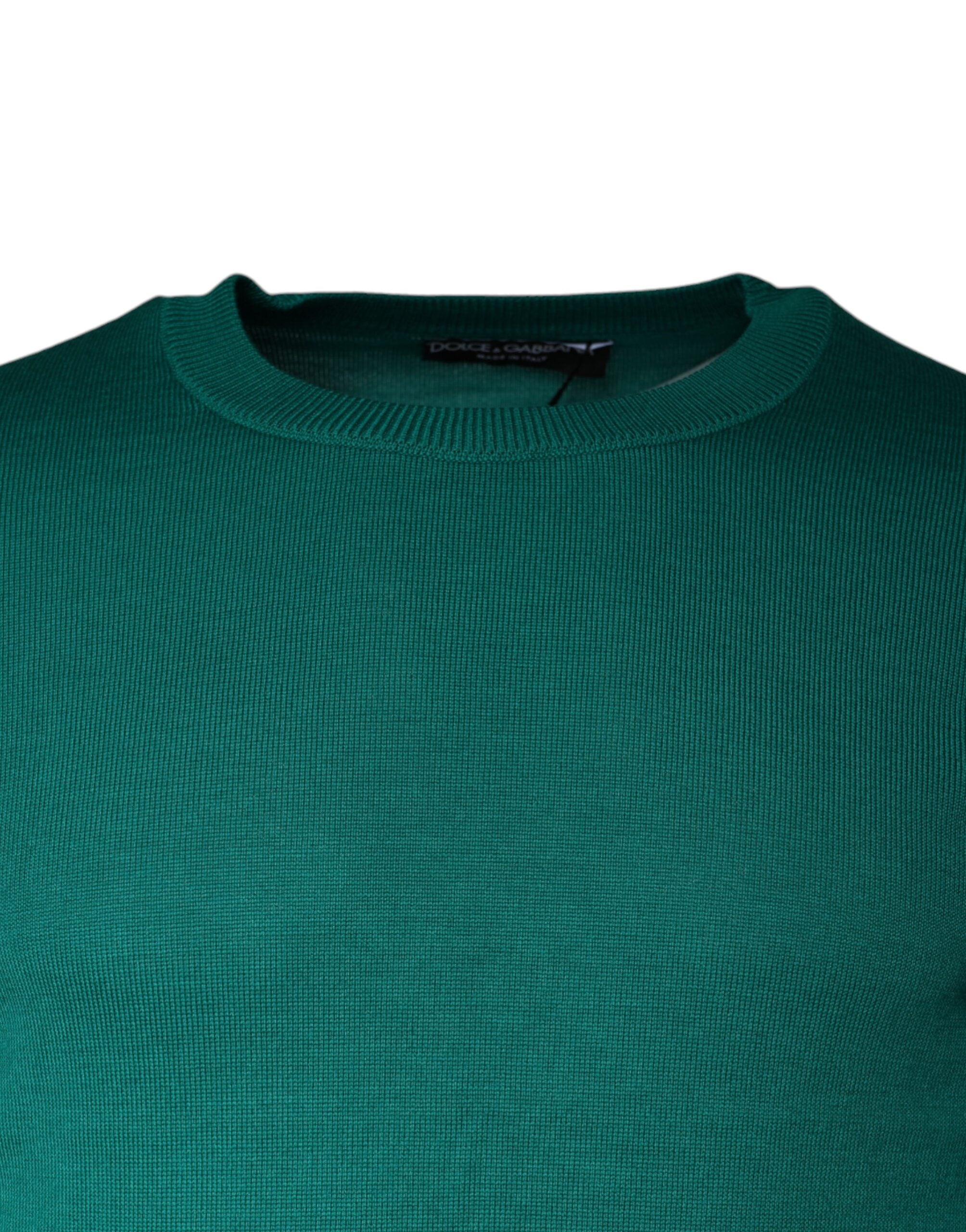 Pull à col rond en laine verte de Dolce & Gabbana, pull-over élégant avec finition côtelée, pour homme ou femme.