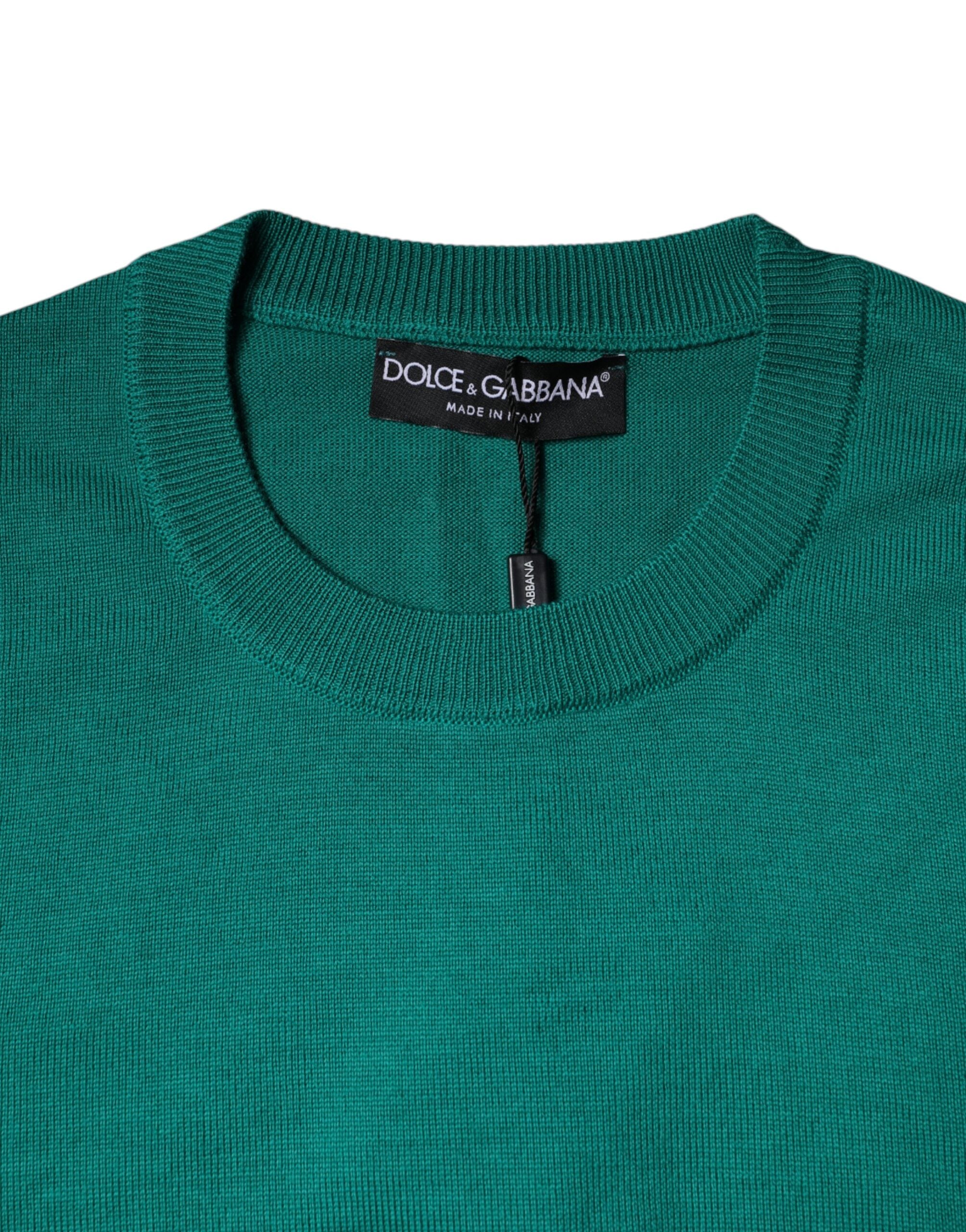 Pull en laine vert Dolce & Gabbana à col rond, détail tricoté, pour un style élégant et confortable.