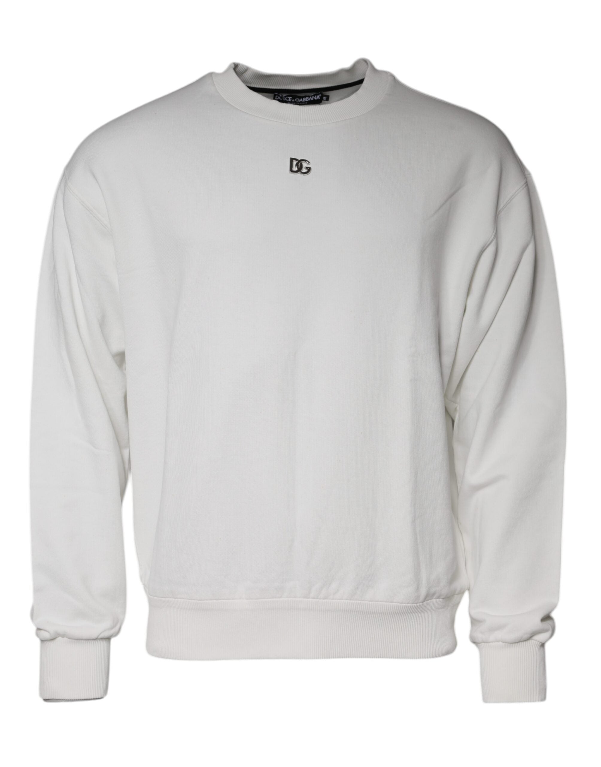 Pull à col rond en coton blanc Dolce & Gabbana avec logo visible sur la poitrine, élégant et décontracté.