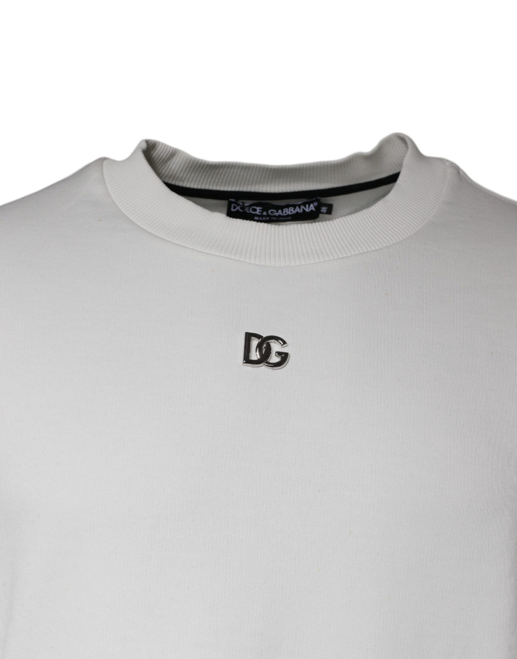 Pull à col rond en coton blanc Dolce & Gabbana avec logo visible, mode élégante et confortable pour homme ou femme.