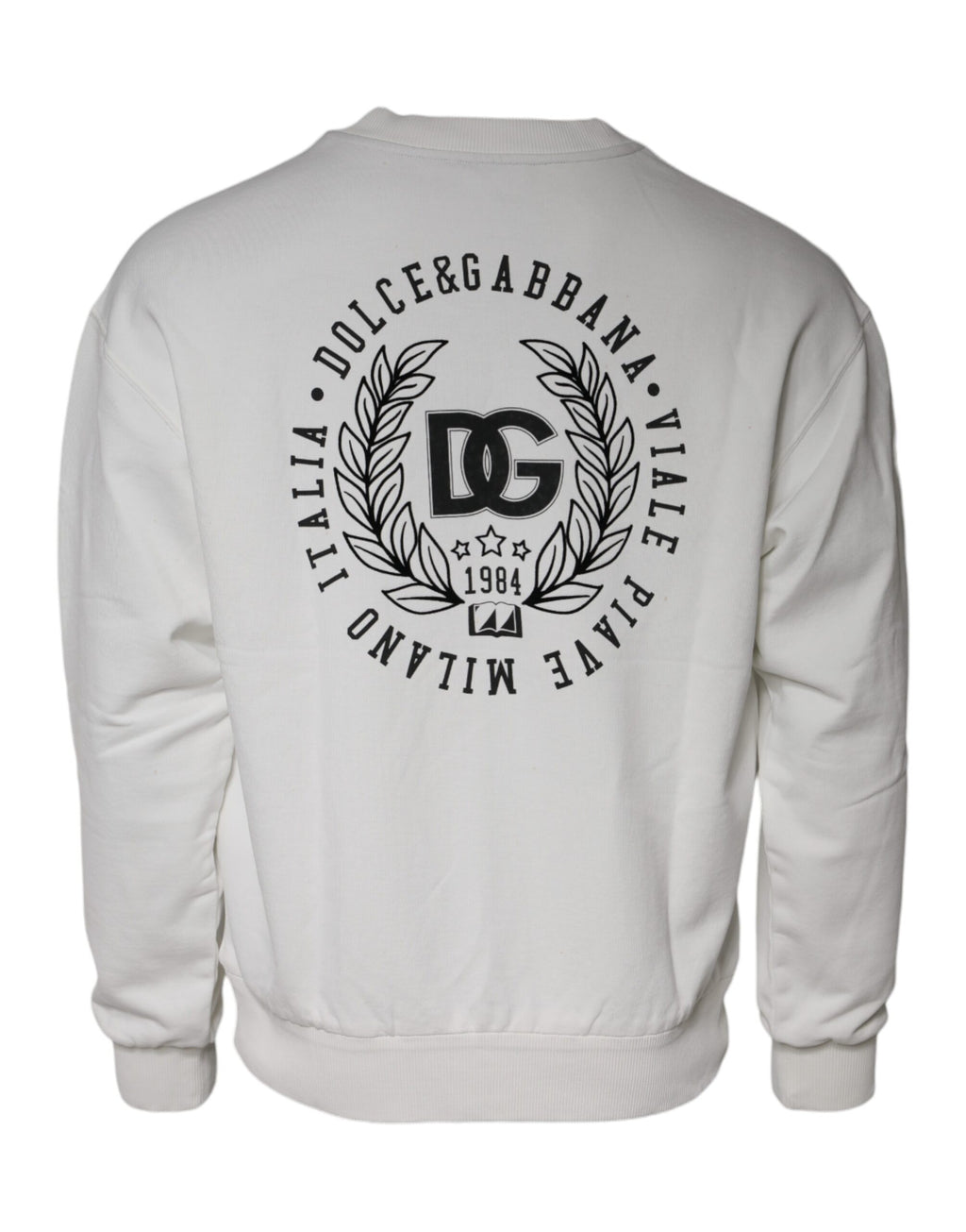 Pull à col rond en coton blanc Dolce & Gabbana avec logo, style décontracté et moderne, visible sur l'image.