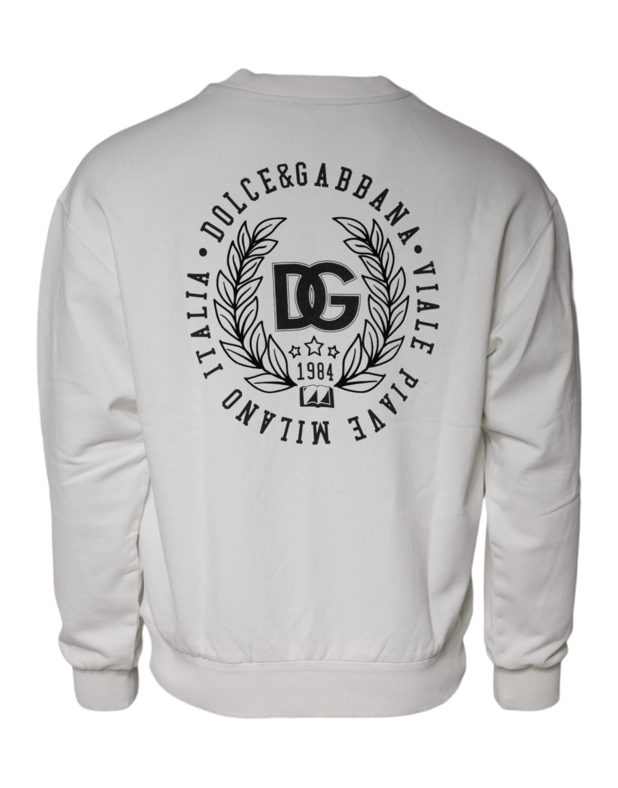 Pull à col rond en coton blanc Dolce & Gabbana avec logo, style décontracté et moderne, visible sur l'image.