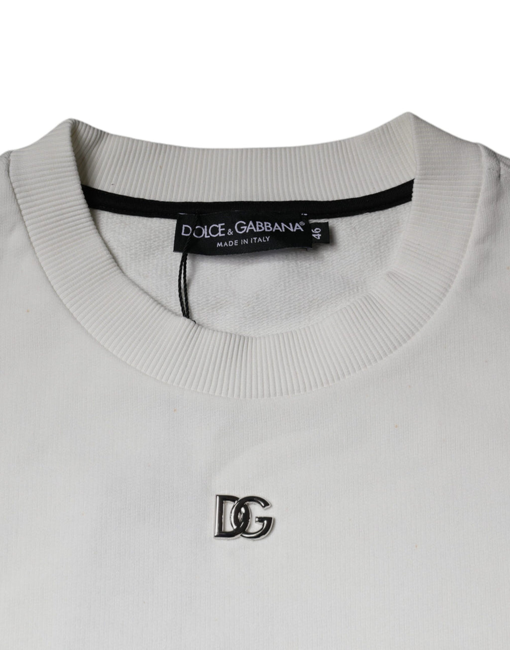 Pull à col rond en coton blanc Dolce & Gabbana avec logo, pull-over décontracté et élégant, vue de face.