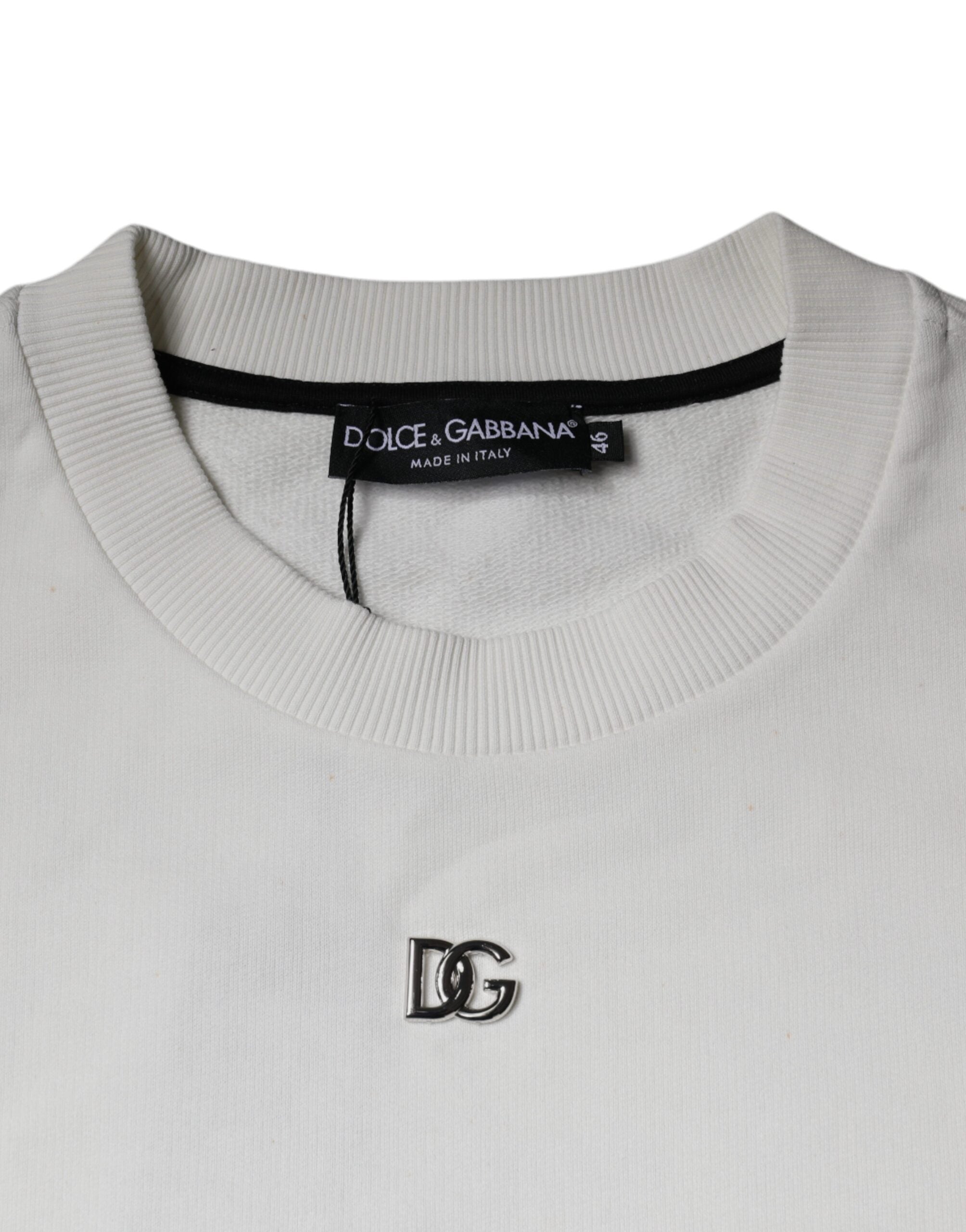 Pull à col rond en coton blanc Dolce & Gabbana avec logo, pull-over décontracté et élégant, vue de face.