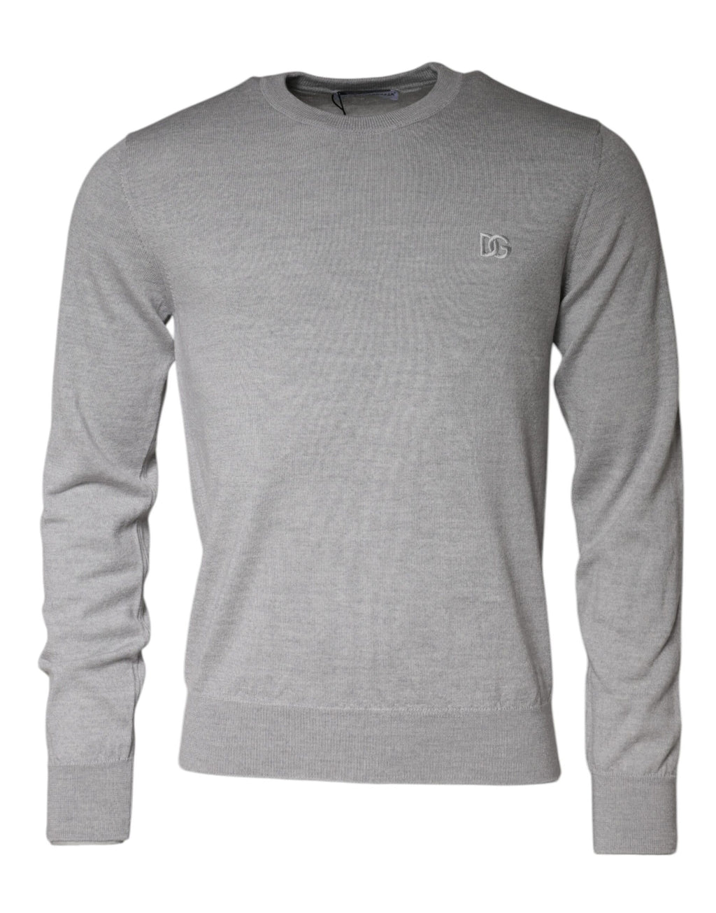 Pull en laine gris clair Dolce & Gabbana à col rond, vue de face, détails du tissu et coupe élégante visible.