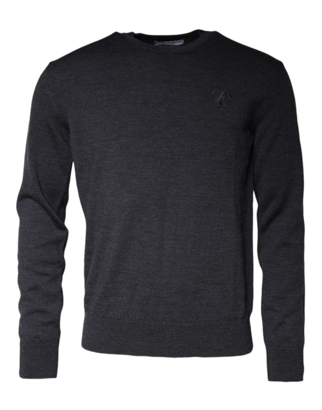 Pull-over en laine gris foncé Dolce & Gabbana à col ras du cou, style élégant et confortable, visible avec détails de texture.