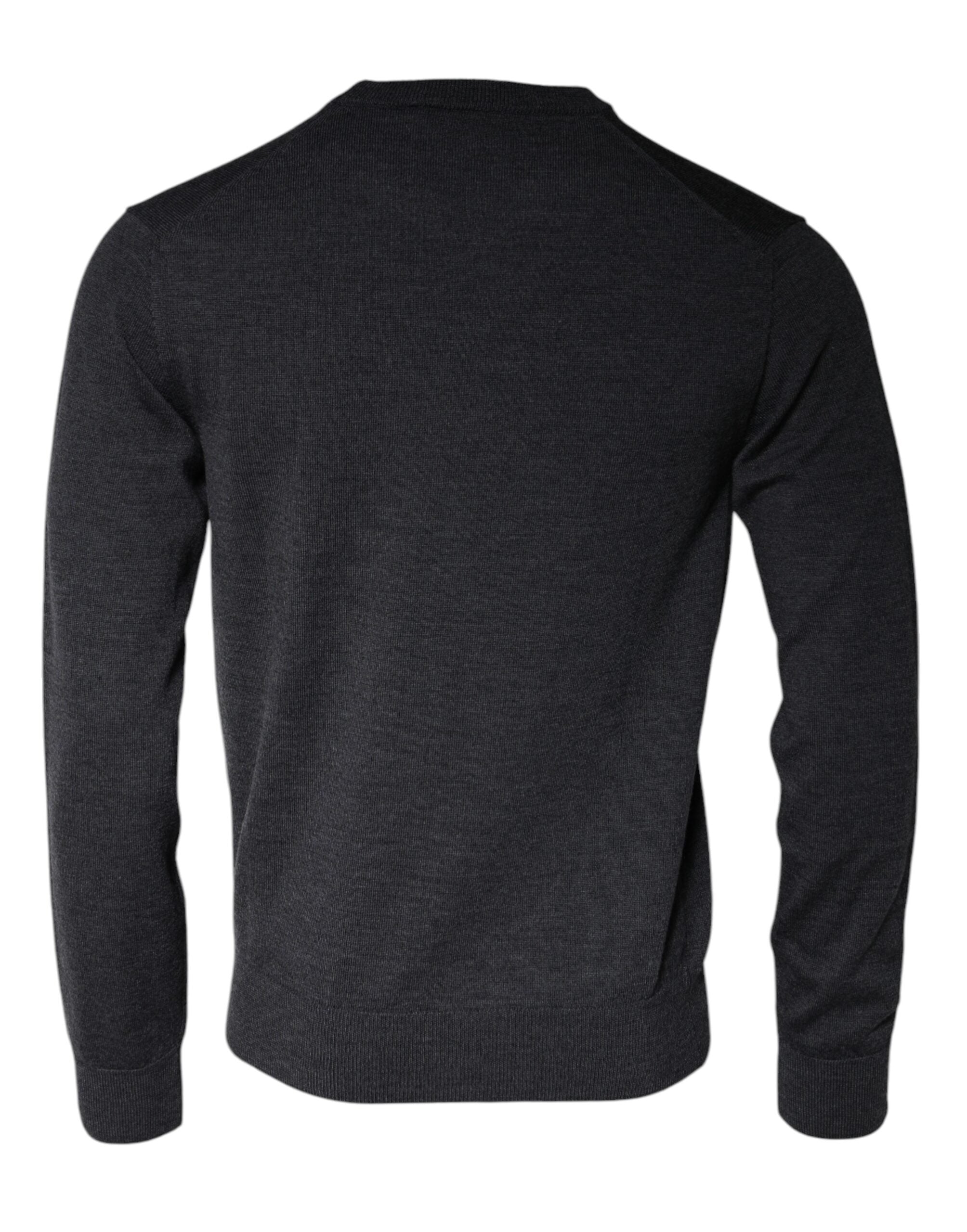 Pull-over en laine gris foncé Dolce & Gabbana à col rond, sweater homme élégant et chaud, visible avec détails de texture.