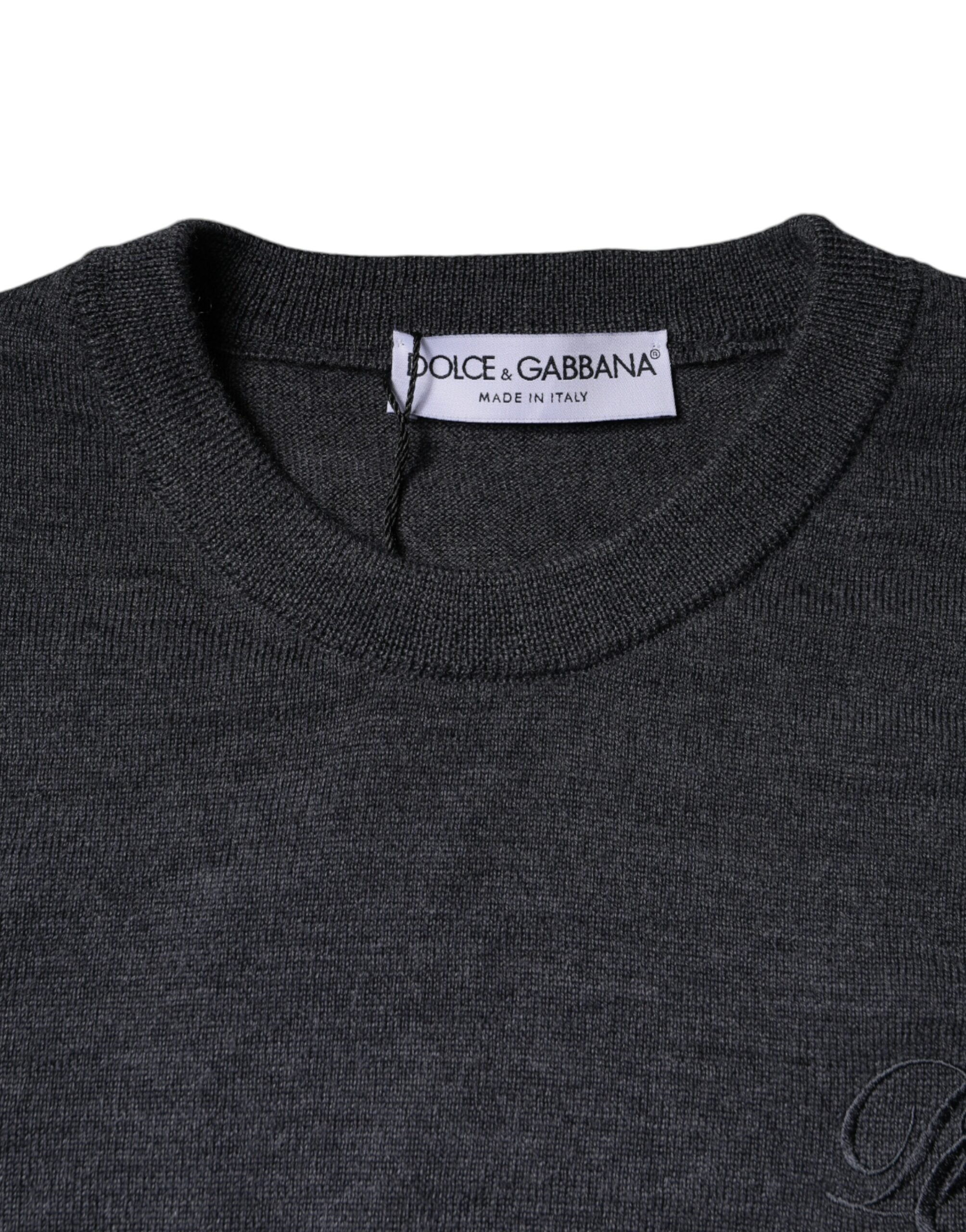Pull-over en laine gris foncé Dolce & Gabbana à col rond, pull élégant et chaud pour homme.
