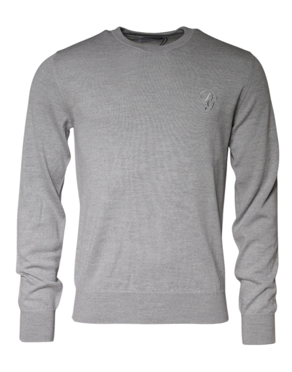 Pull à col rond en laine gris clair Dolce & Gabbana, style décontracté et élégant, visible en gros plan.
