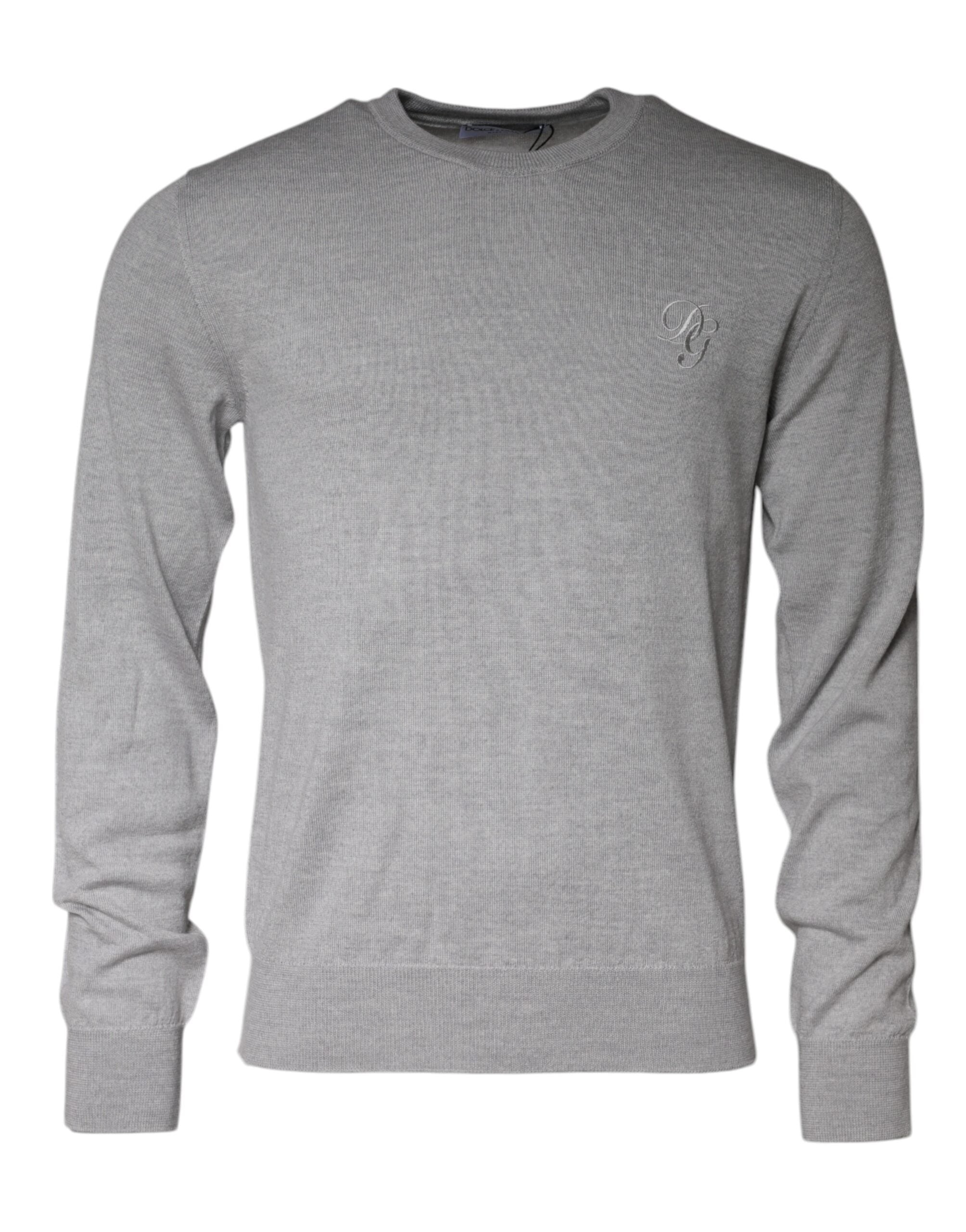 Pull à col rond en laine gris clair Dolce & Gabbana, style décontracté et élégant, visible en gros plan.