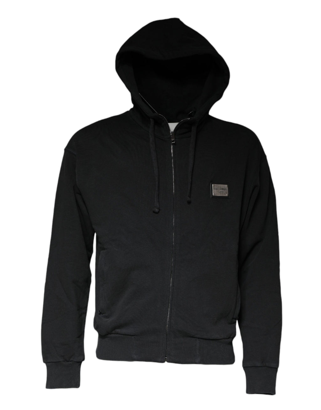 Sweat à capuche zippé noir Dolce & Gabbana avec plaque logo, détails en tissu doux et style décontracté.