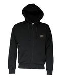 Sweat à capuche zippé noir Dolce & Gabbana avec plaque logo, détails en tissu doux et style décontracté.