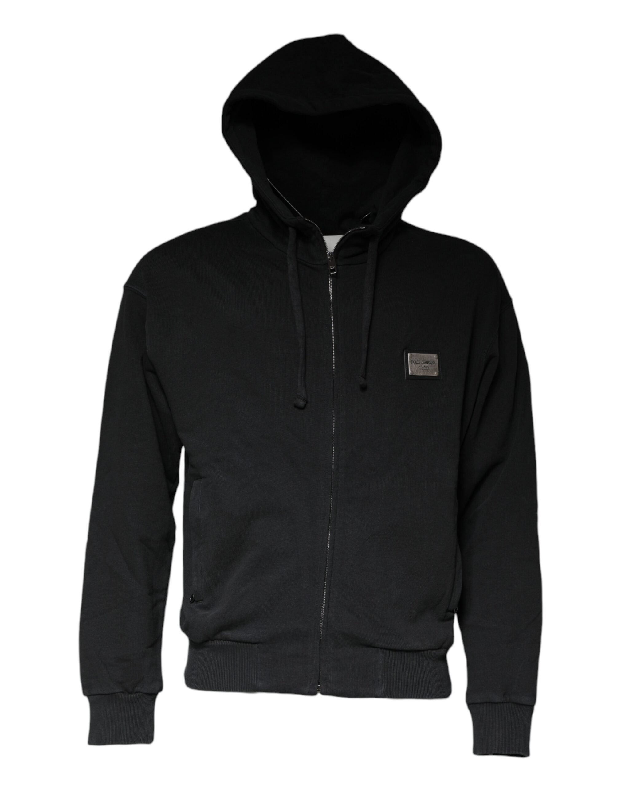 Sweat à capuche zippé Dolce & Gabbana noir avec logo en plaque, logo Dolce & Gabbana visible sur la poitrine.