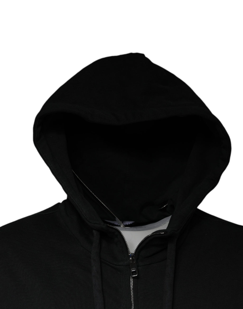 Sweat à capuche zippé Dolce & Gabbana noir avec logo en plaque, détail de la capuche et fermeture éclair visible.
