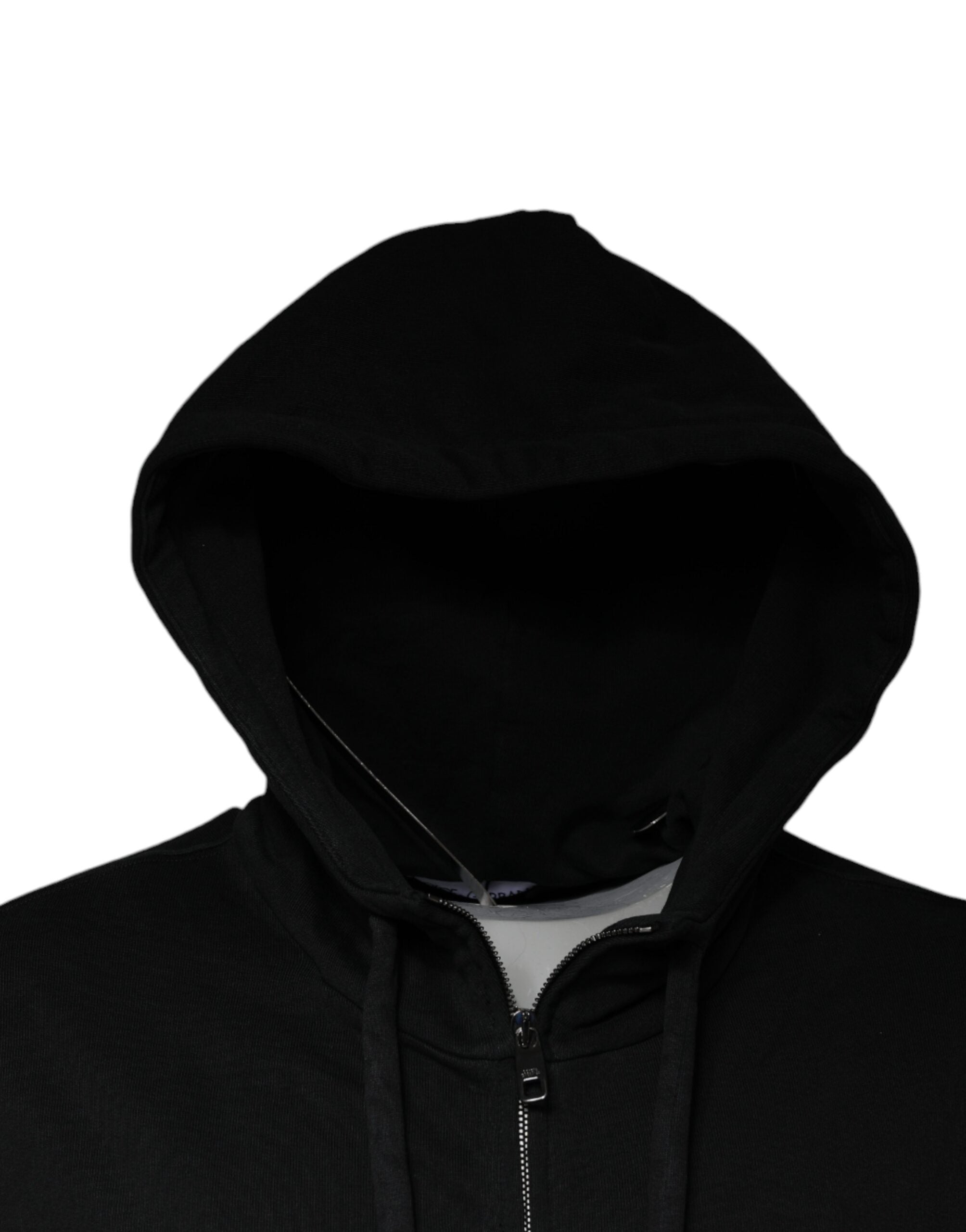 Sweat à capuche zippé Dolce & Gabbana noir avec logo en plaque, détail de la capuche et fermeture éclair visible.