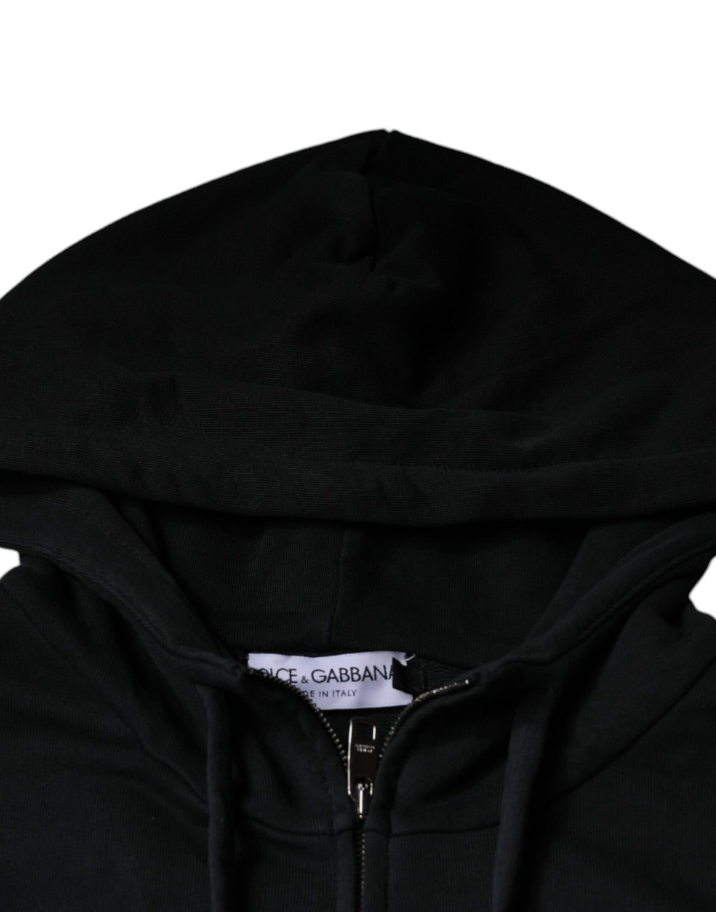 Sweat à capuche noir Dolce & Gabbana avec logo en plaque, fermeture éclair intégrale, tissu confortable et style décontracté.