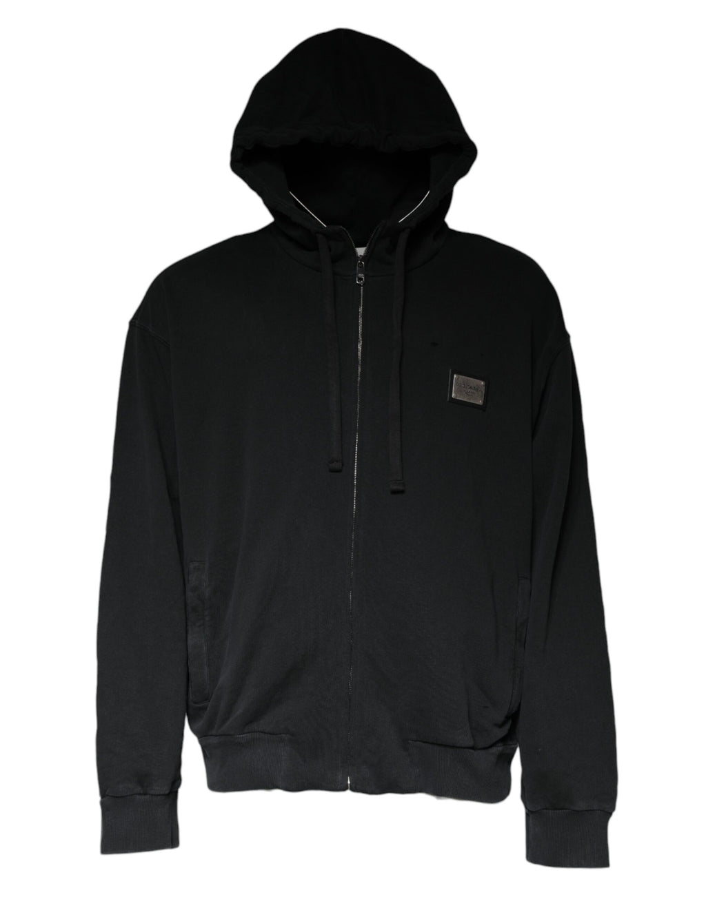 Sweat à capuche noir Dolce & Gabbana avec logo en plaque, fermeture éclair complète, tissu doux et style décontracté.