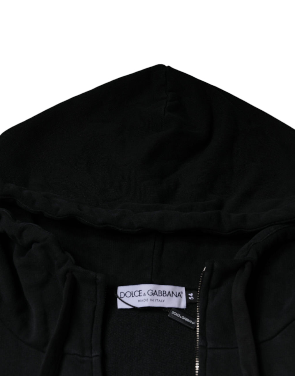 Sweat à capuche noir Dolce & Gabbana avec plaque logo, fermeture éclair complète, tissu doux et design élégant.