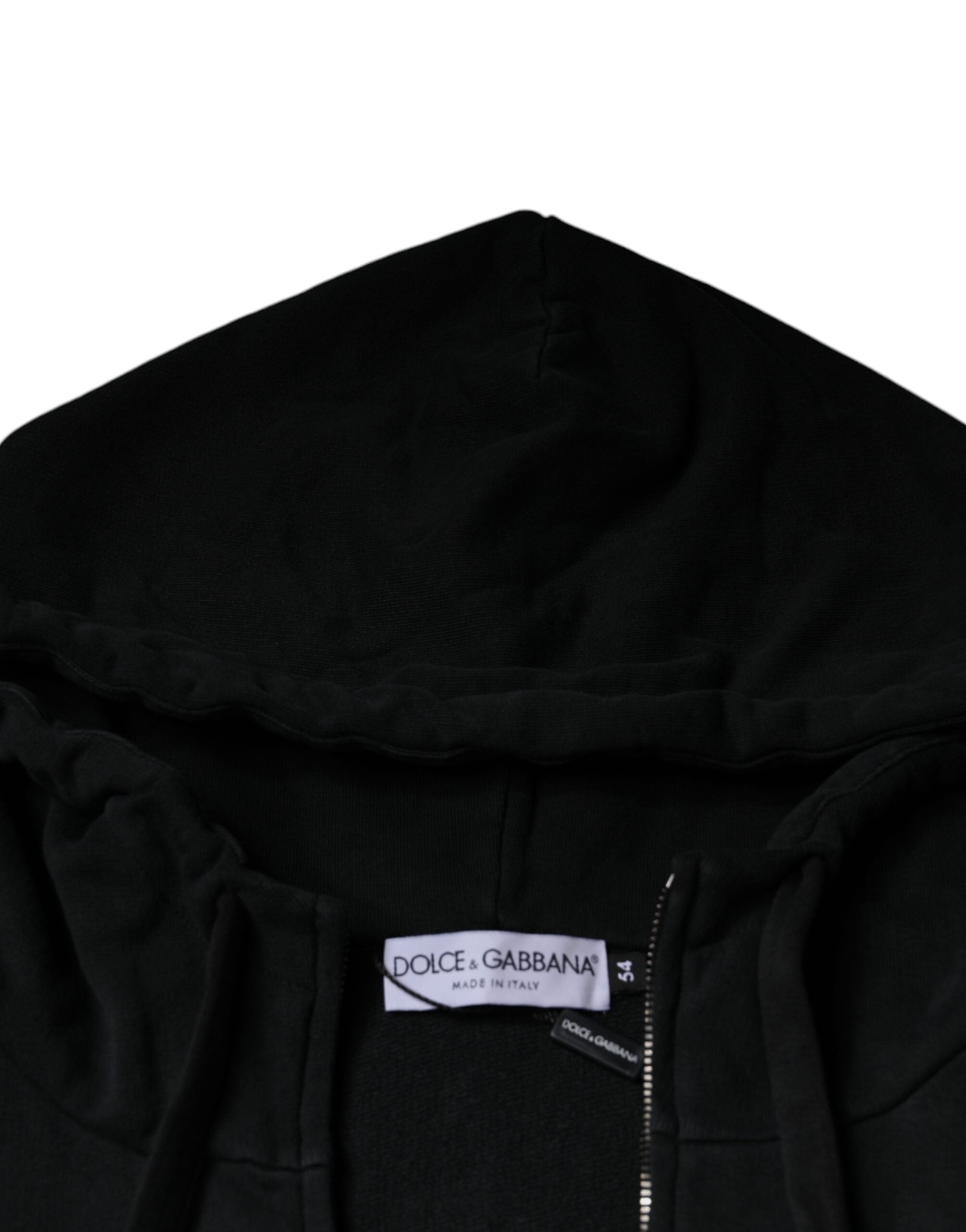 Sweat à capuche noir Dolce & Gabbana avec plaque logo, fermeture éclair complète, tissu doux et design élégant.