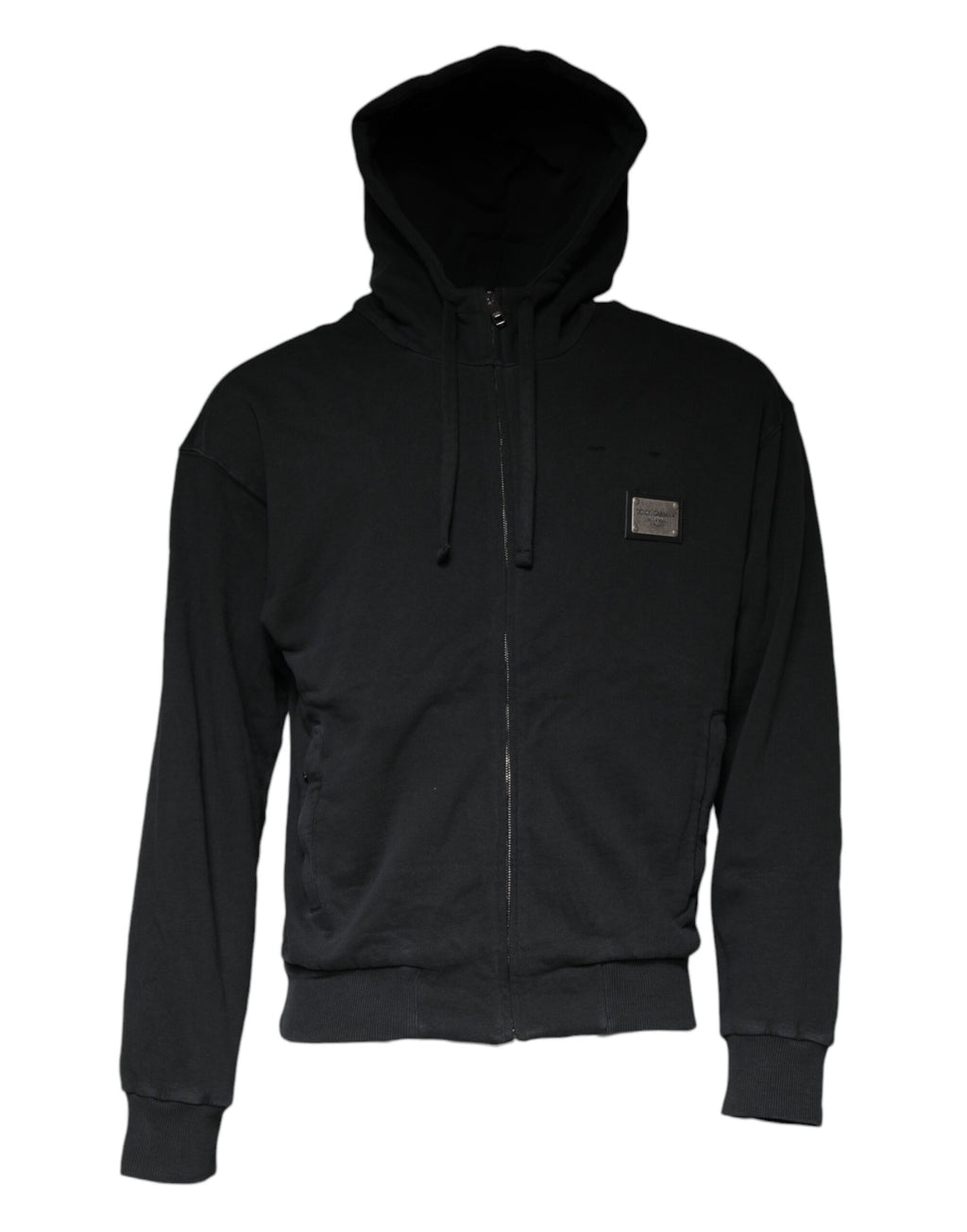 Sweat à capuche zippé noir Dolce & Gabbana avec plaque logo visible, tissu doux et coupe décontractée.
