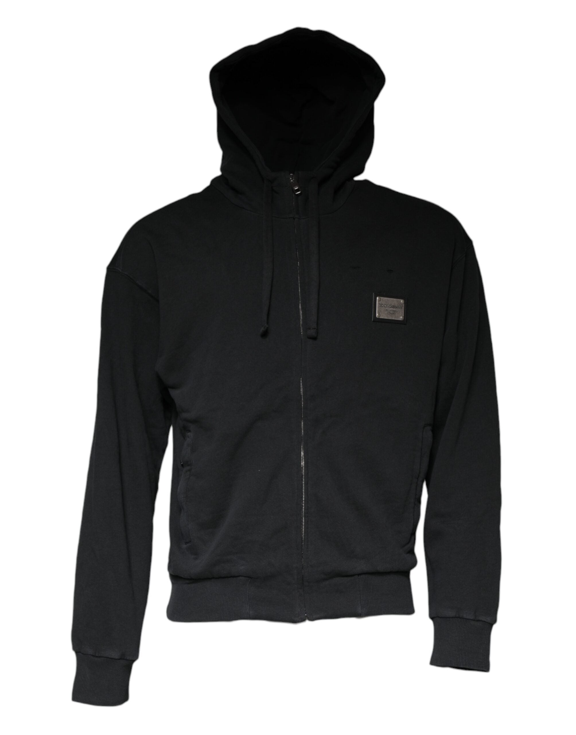 Sweat à capuche Dolce & Gabbana noir avec plaque logo pleine zip, détails élégants et logo visible sur la poitrine.