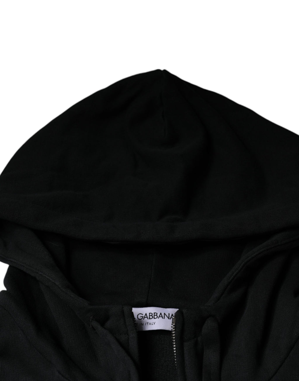 Sweat à capuche zip complet Dolce & Gabbana noir avec plaque logo, style décontracté et élégant.