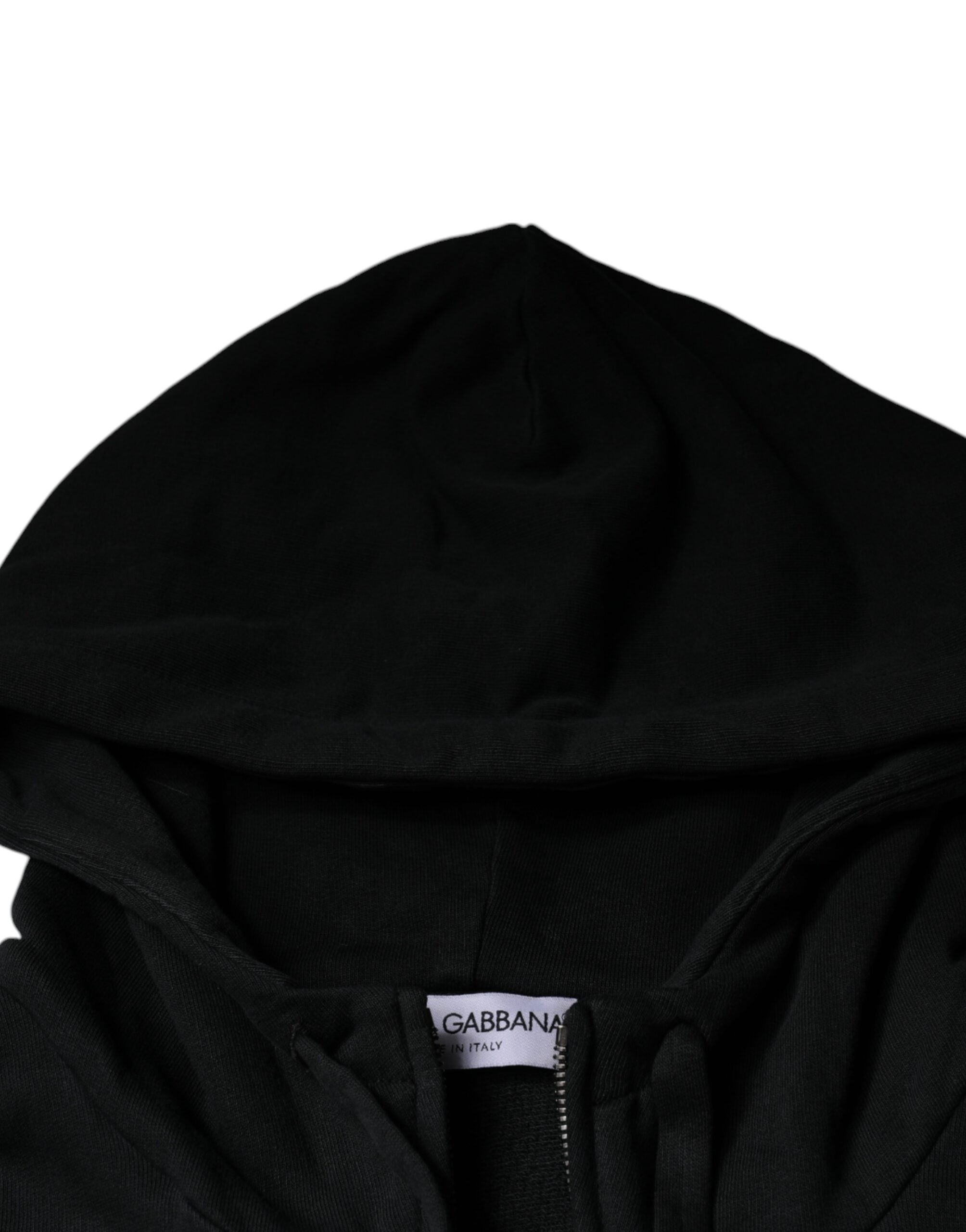 Sweat à capuche zip complet Dolce & Gabbana noir avec plaque logo, style décontracté et élégant.