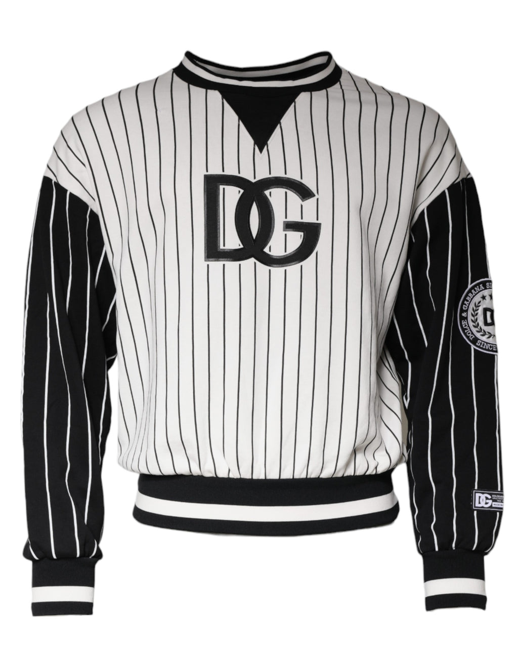 Sweatshirt Dolce & Gabbana à rayures noires et blanches avec logo, pull en coton à col rond et manches longues.