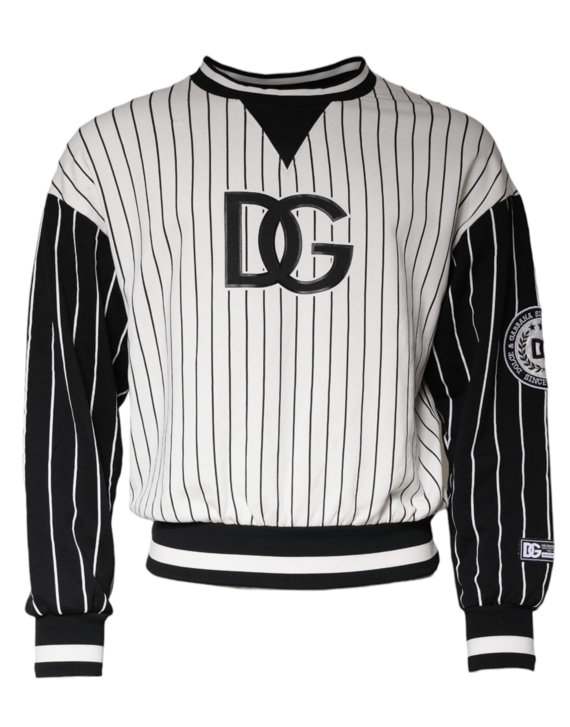Sweatshirt Dolce & Gabbana à rayures noires et blanches avec logo, pull en coton à col rond et manches longues.