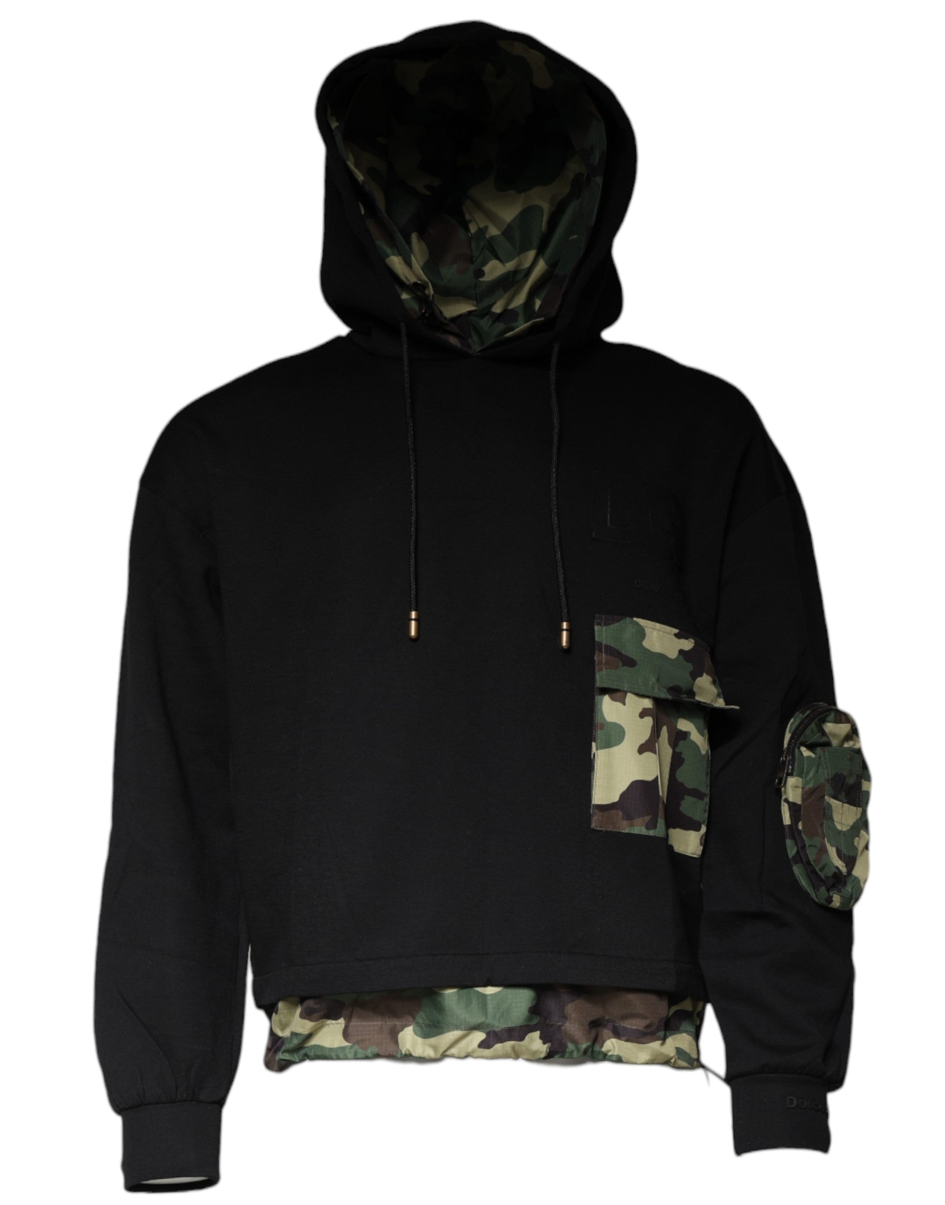 Sweat à capuche en coton noir Dolce & Gabbana avec poche, pull décontracté, vue de face, tissu doux et style moderne.