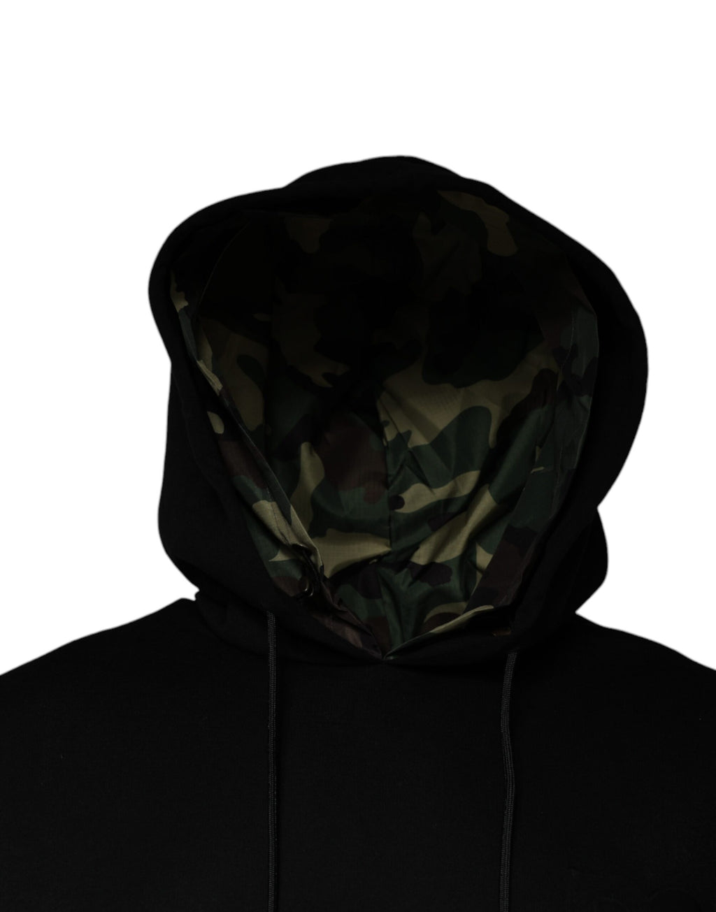 Sweat-shirt à capuche noir en coton Dolce & Gabbana avec poche, style décontracté et élégant, porté ou posé sur une surface.