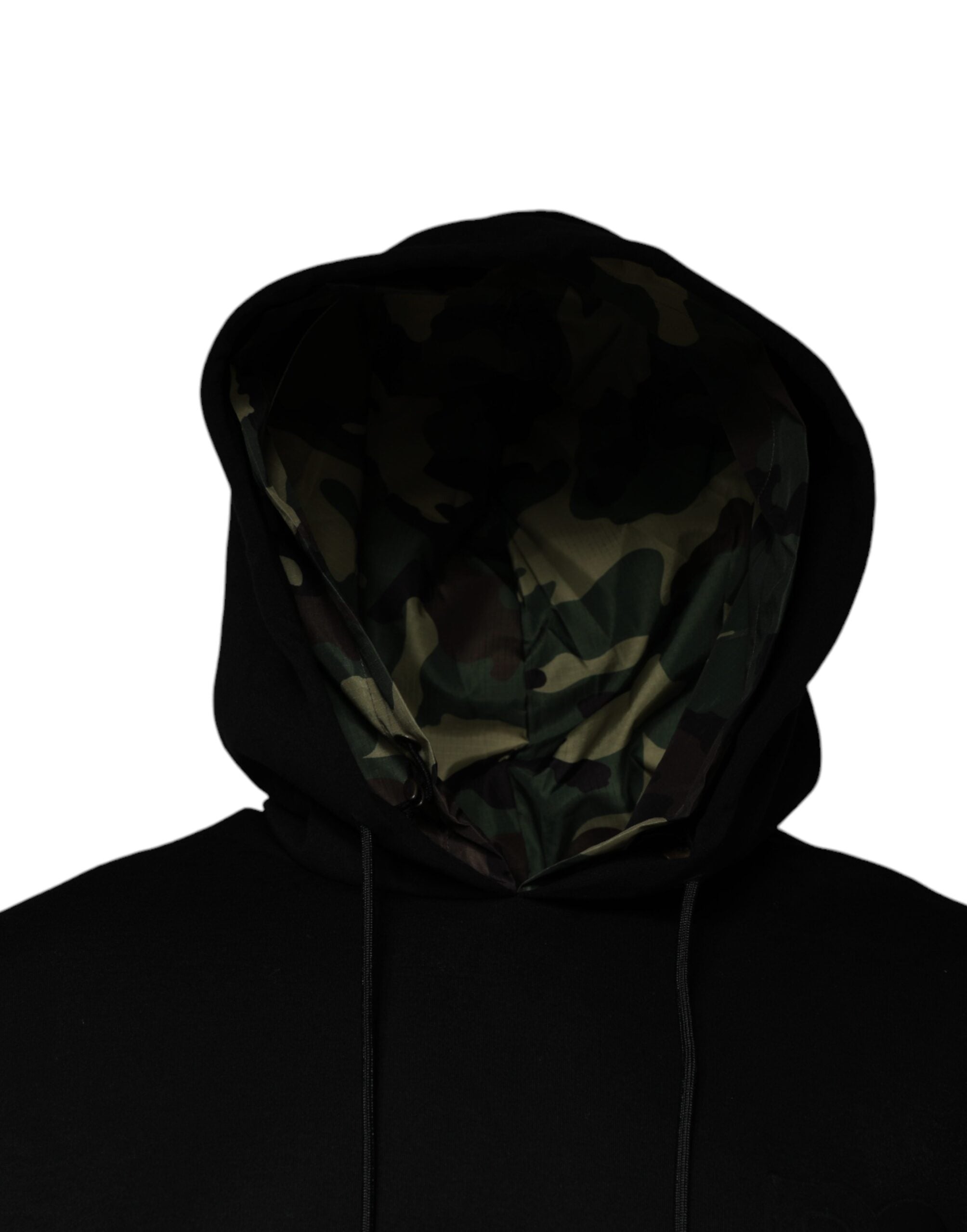 Sweat-shirt à capuche noir en coton Dolce & Gabbana avec poche, style décontracté et élégant, porté ou posé sur une surface.
