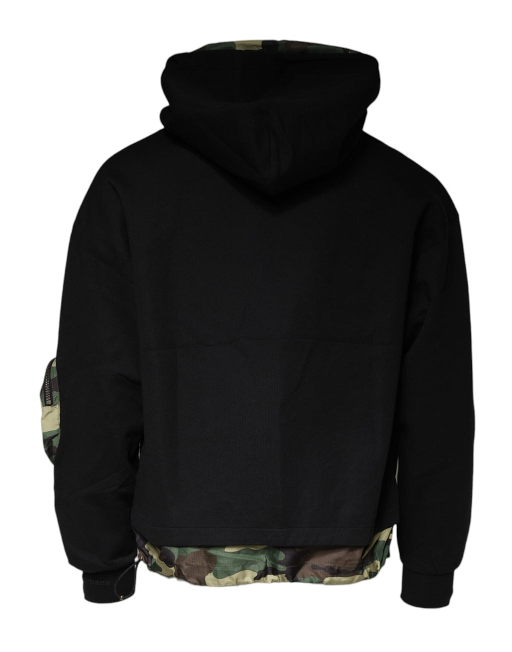 Sweatshirt à capuche en coton noir Dolce & Gabbana avec poche, style décontracté et logo discret visible sur l'image.