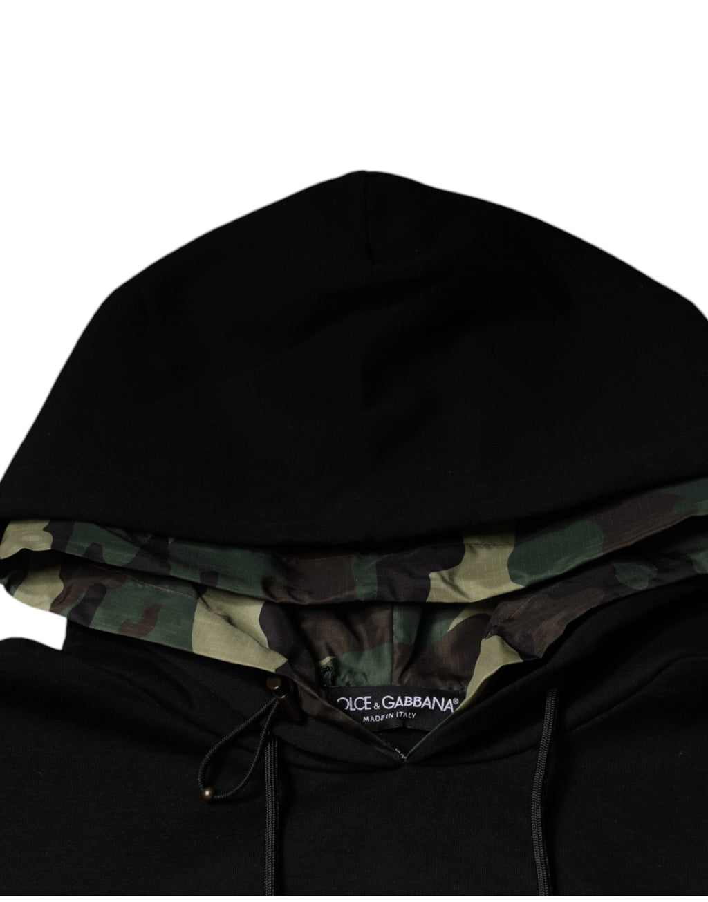 Sweat-shirt à capuche en coton noir Dolce & Gabbana avec poche, style décontracté et logo discret visible sur l'image.