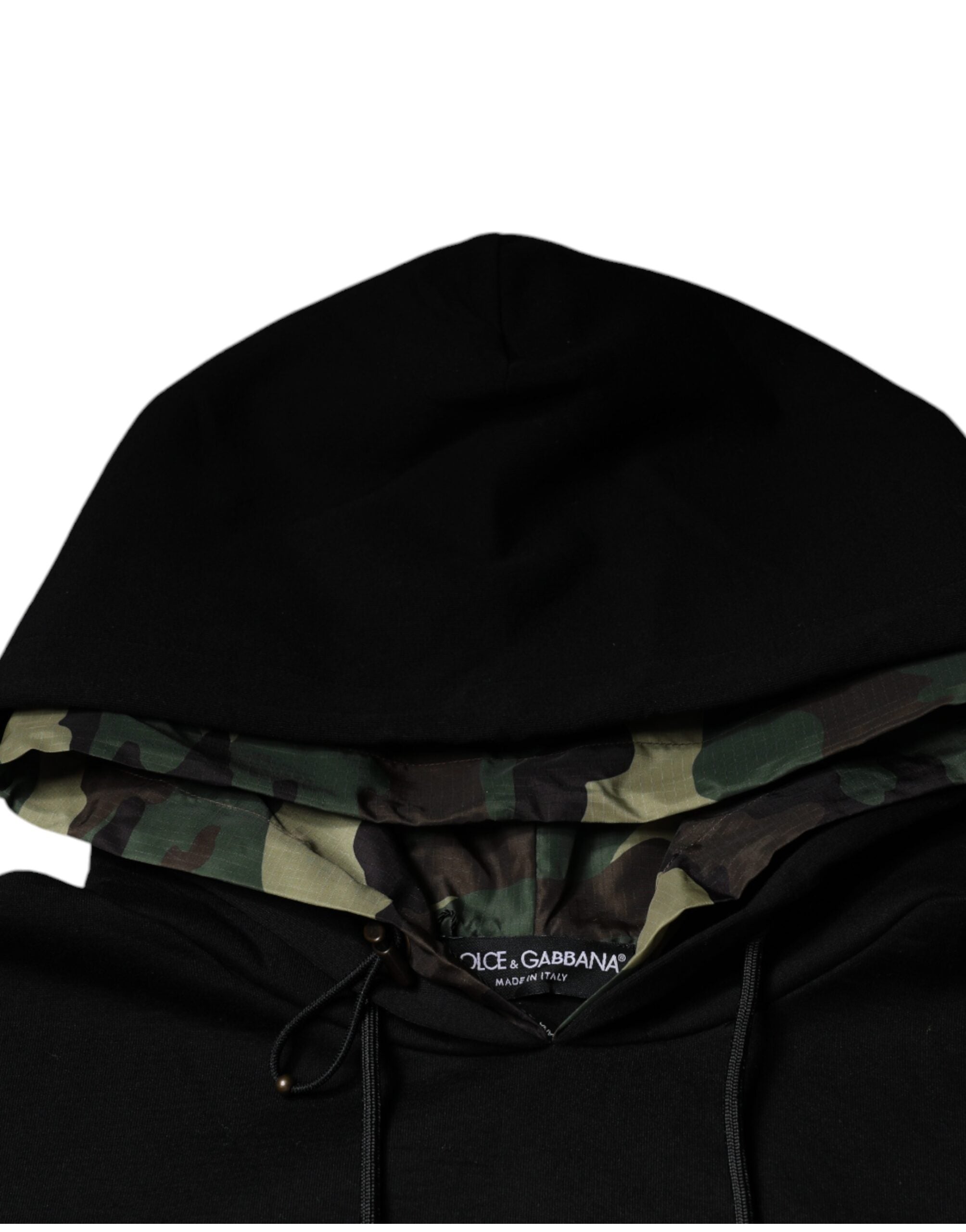 Sweat-shirt à capuche en coton noir Dolce & Gabbana avec poche, style décontracté et logo discret visible sur l'image.