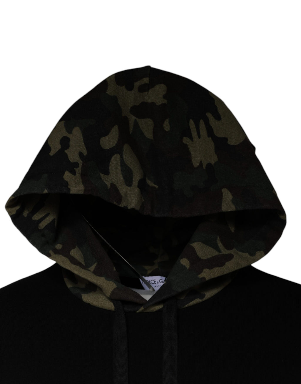 Sweat à capuche camouflage noir Dolce & Gabbana en tissu doux, avec capuche et logo discret visible sur le devant.
