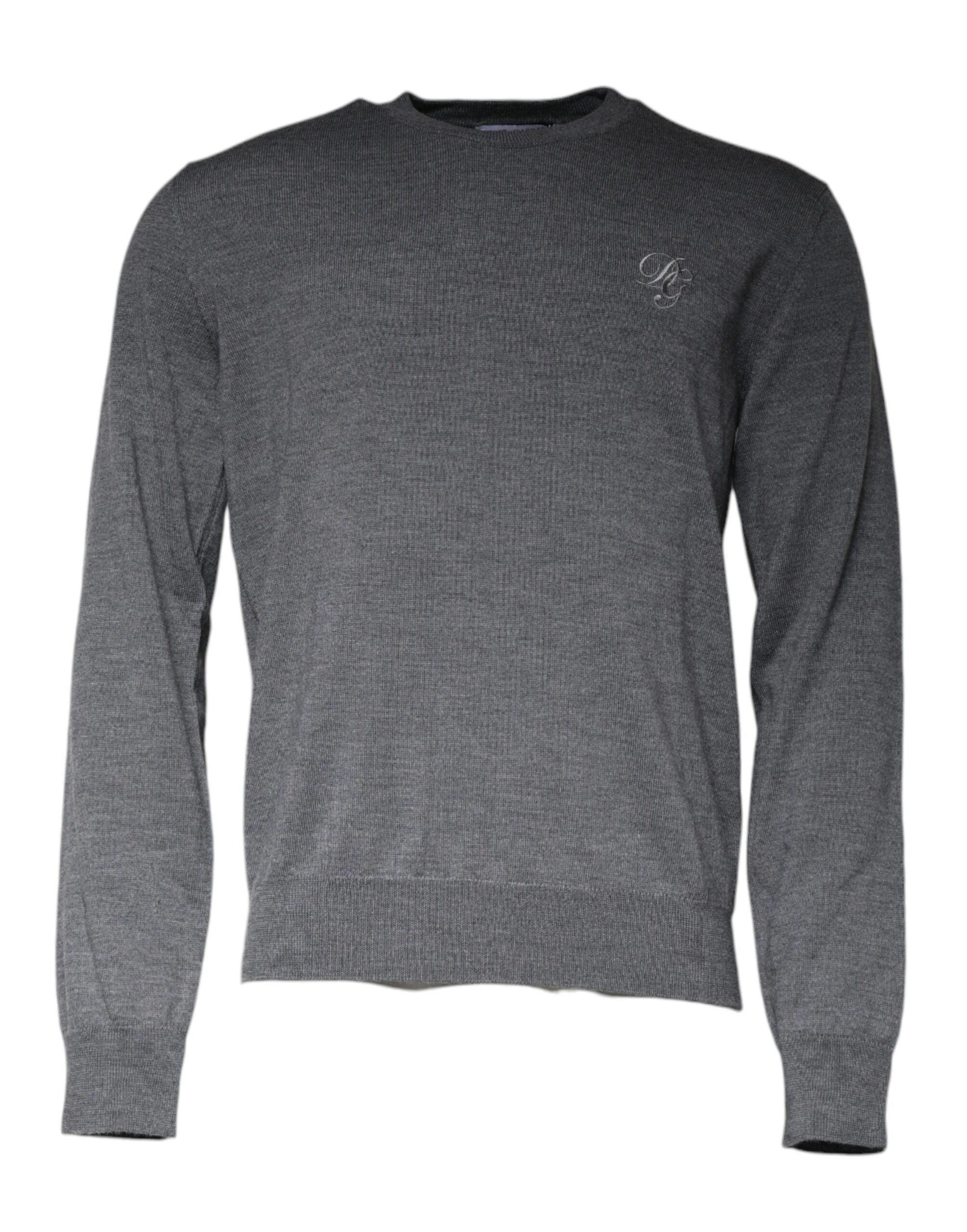 Pull en laine gris foncé Dolce & Gabbana à col rond, design élégant et classique, parfait pour une tenue sophistiquée.